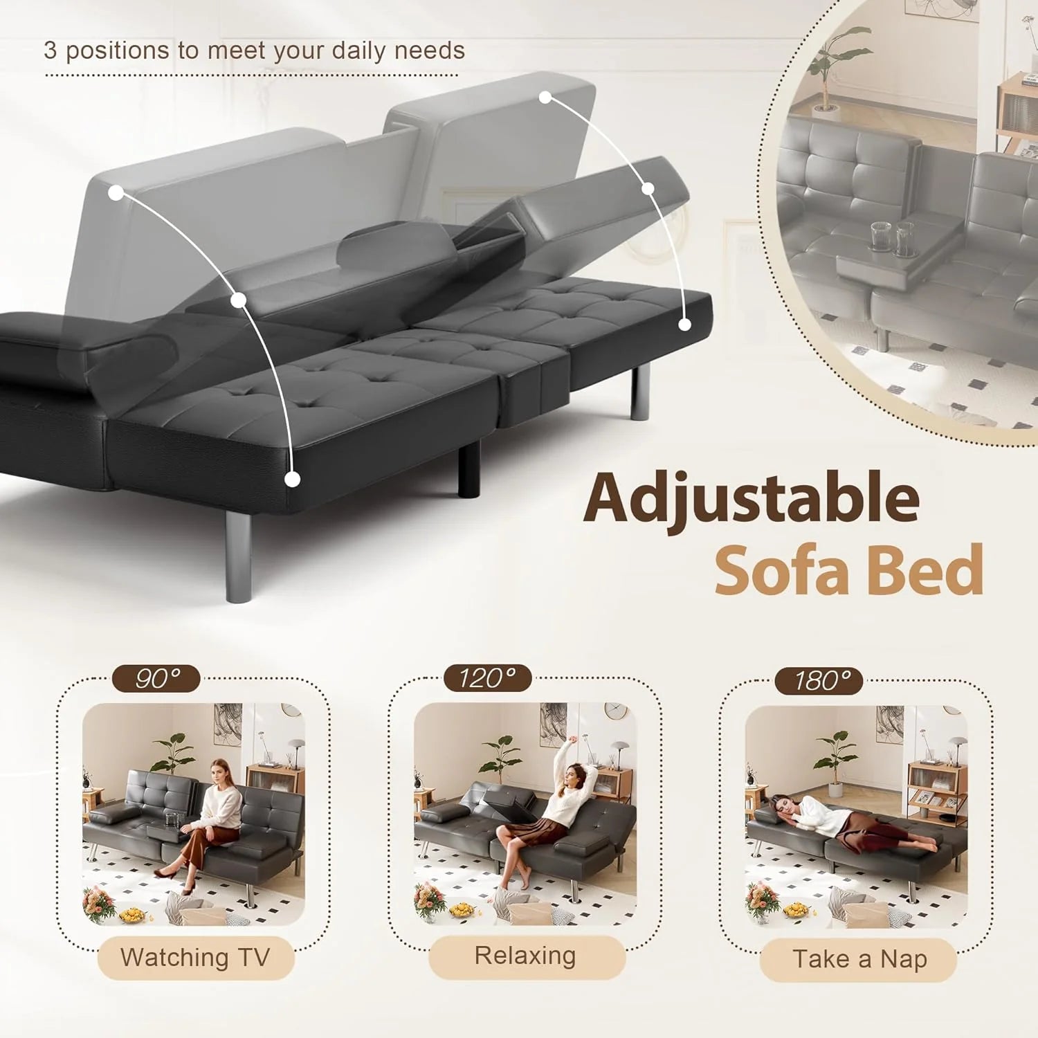 Shahoo Convertible Folding Futon Sofa Bed Sleeper Couch for Living Room Faux Leather