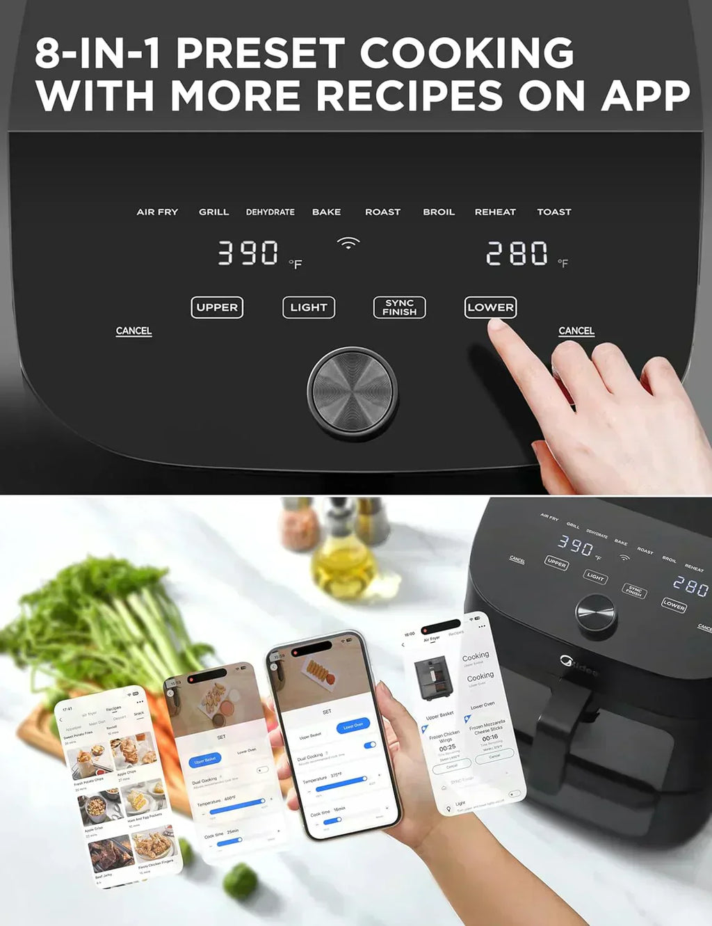 Dual Basket Air Fryer Oven 11 Quart 8 in 1 Functions Clear Window Smart Sync Finish Works