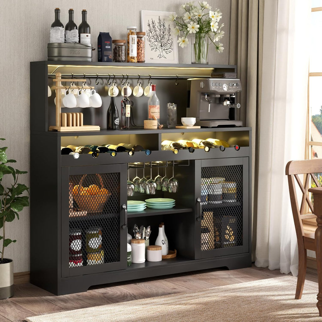 Wine Bar Cabinet with LED Light Liquor Cabinet with Glass Holder Coffee Bar for Liquor