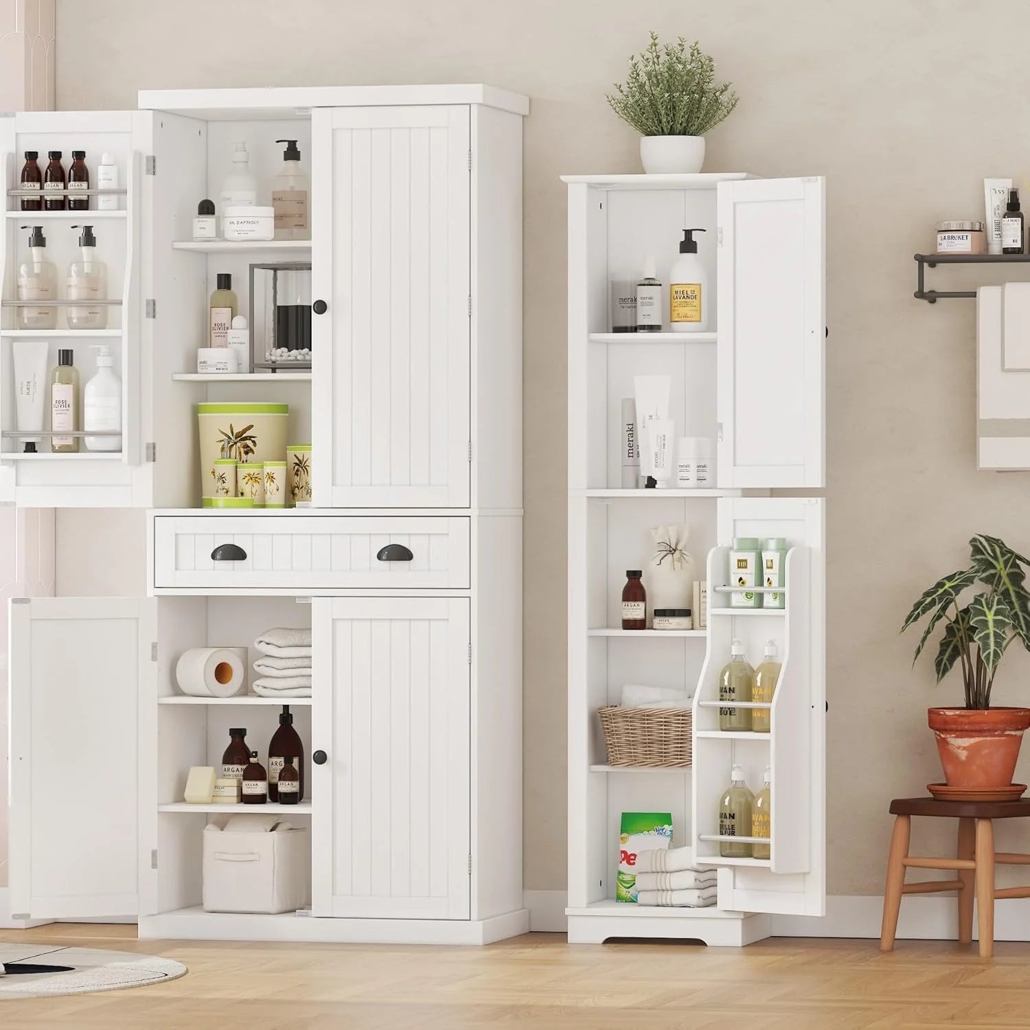 Tall Pantry Cabinet, Freestanding Storage Cabinet, Wooden Kitchen Pantry with 4 Doors and 5 Shelves, 72 Floor Cabinet Organizer