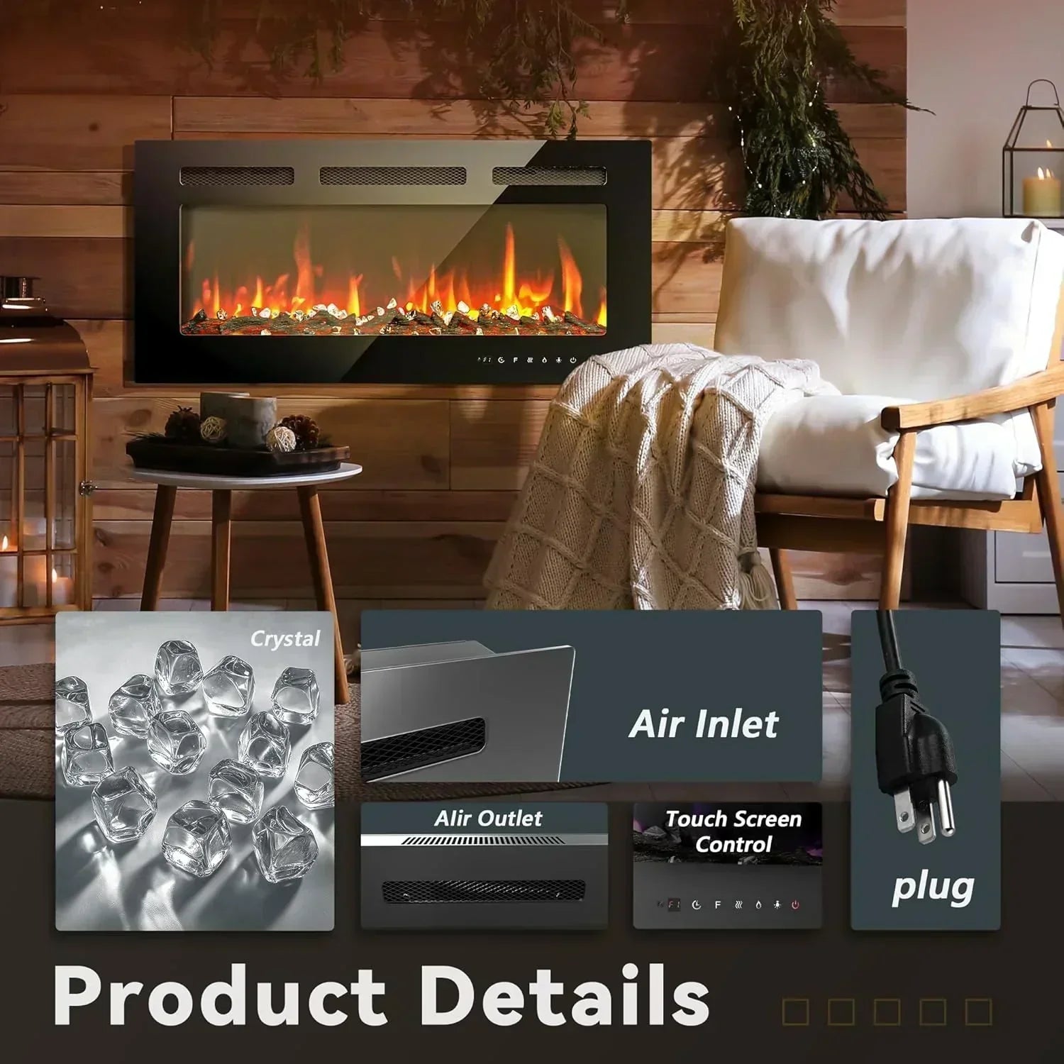 EUHOMY 50 Inch Electric Fireplace Wall Recessed Adjustable Flame Color Fireplace Heater