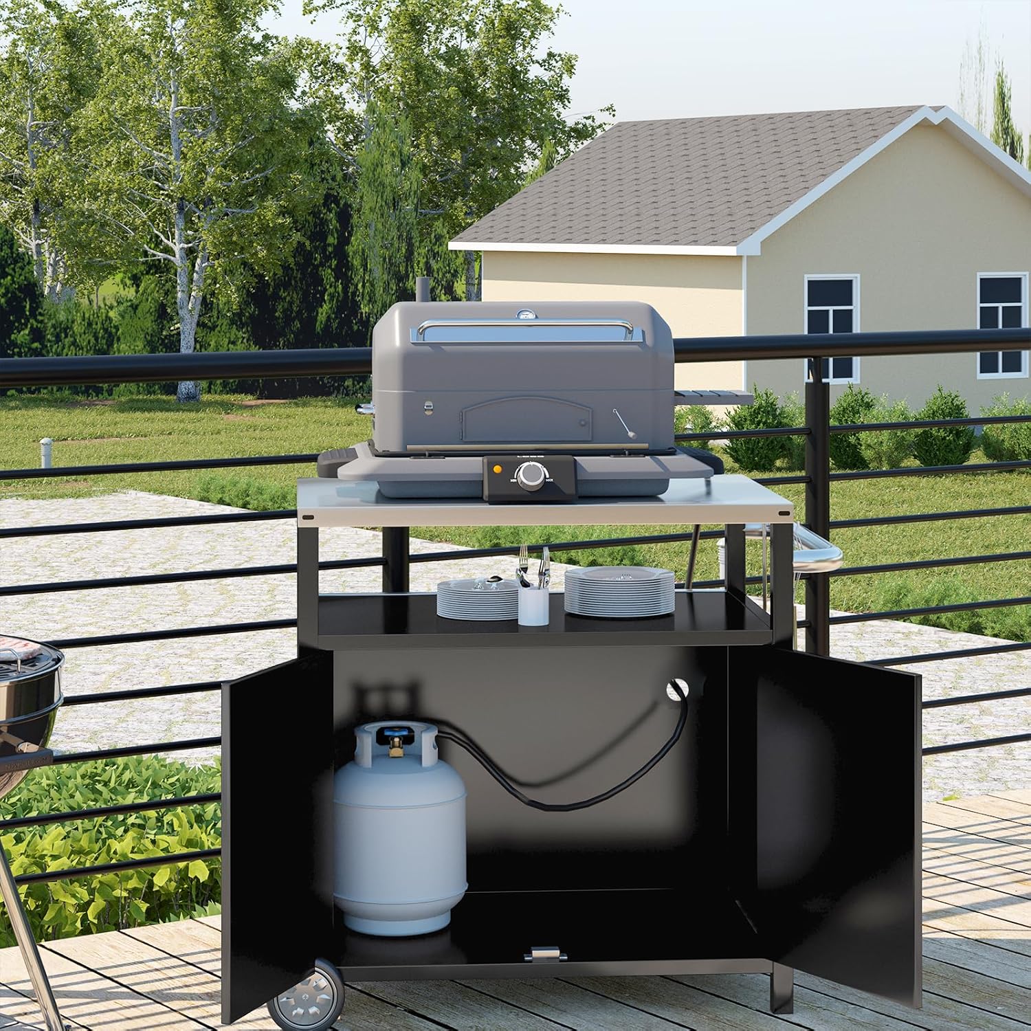 Stainless Steel Outdoor Grill Cart Pizza Oven Stand Trolley Table with Wheels Three-Shelf Movable Food Prep and Work Table Heavy Duty Grill Carts Outdoor Cart 31.5×24×35.5