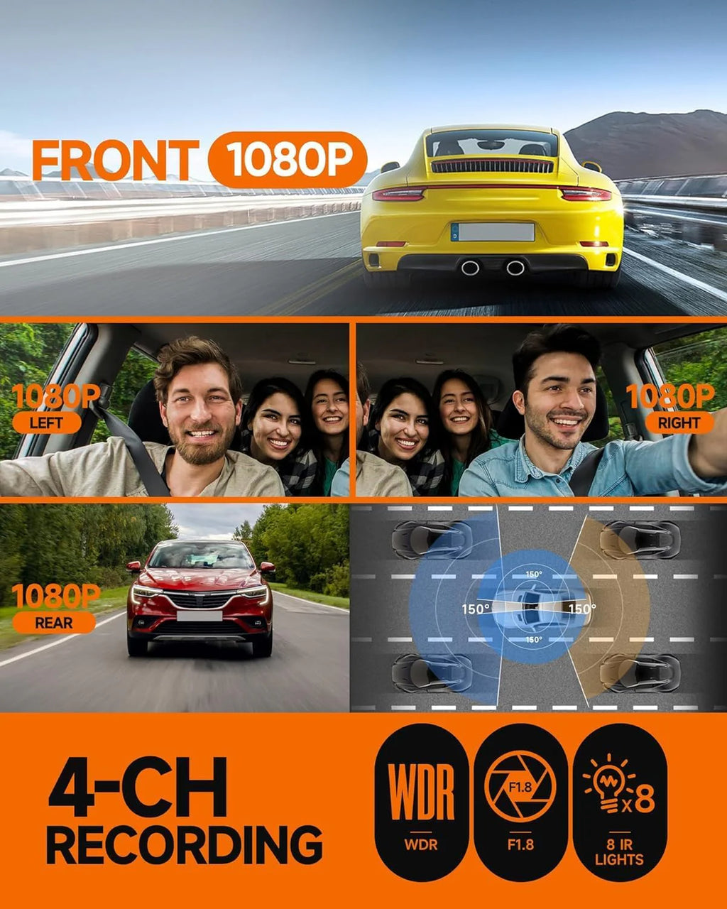 360�� Dash Cam 4-Channel FHD 4*1080P Wi-Fi GPS Voice Control Car Camera, Front 2K+1080P*2 Dash Cam, with 64GB SD Card, Night Vision, 24-Hour Parking Mode