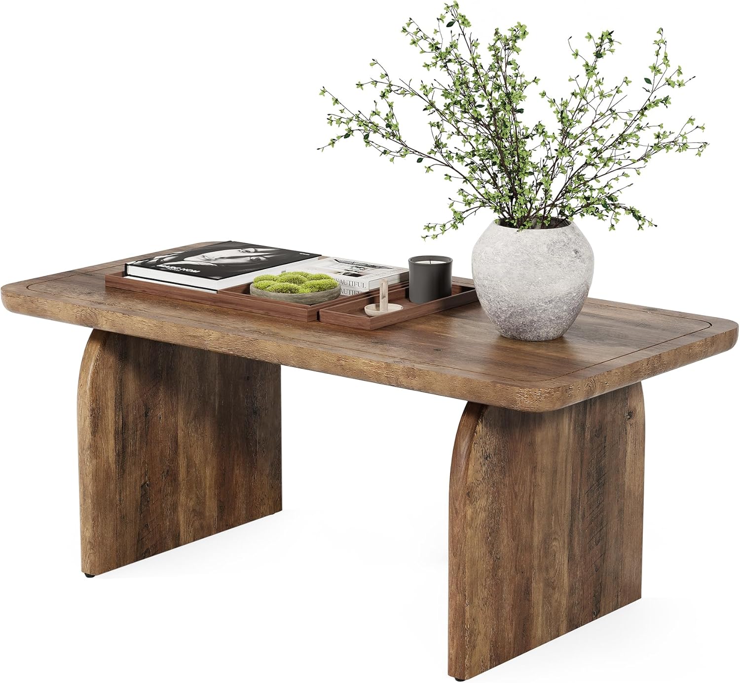 LITTLE TREE Farmhouse Coffee Table, 47 Inch Round Corner Wood Center Table, Rectangular Living Room Table, Modern Low Cocktail Tea Set