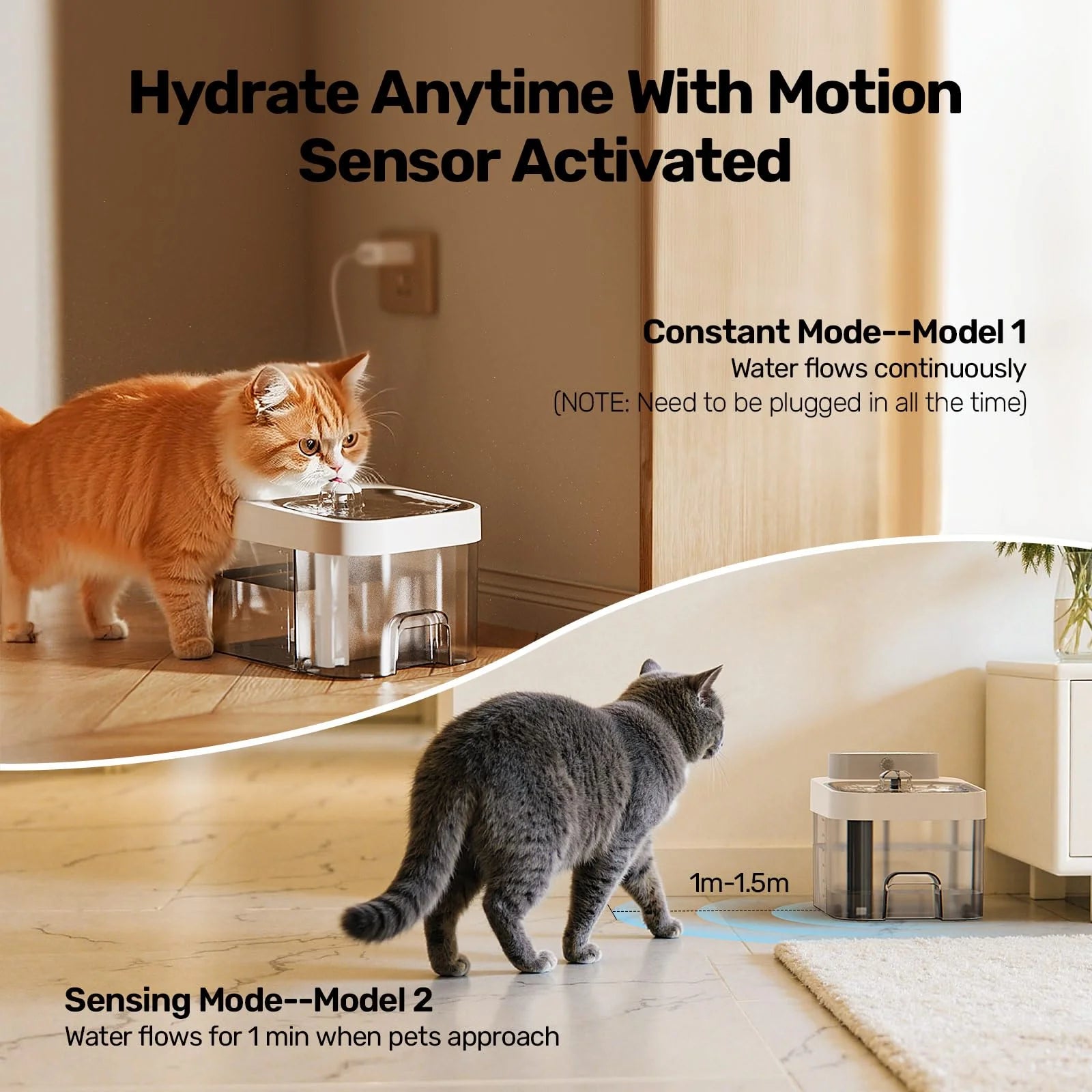 Cat Water Fountain Dual Tank No Filter 3L Battery Powered with Stainless Steel Tray for Cats
