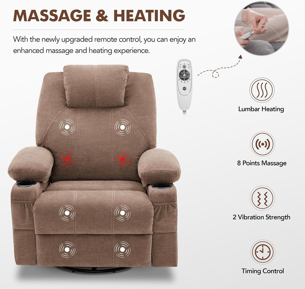 Large Swivel Rocking Recliner with Massage Function 360 Degree Swivel Rocking Single Sofa