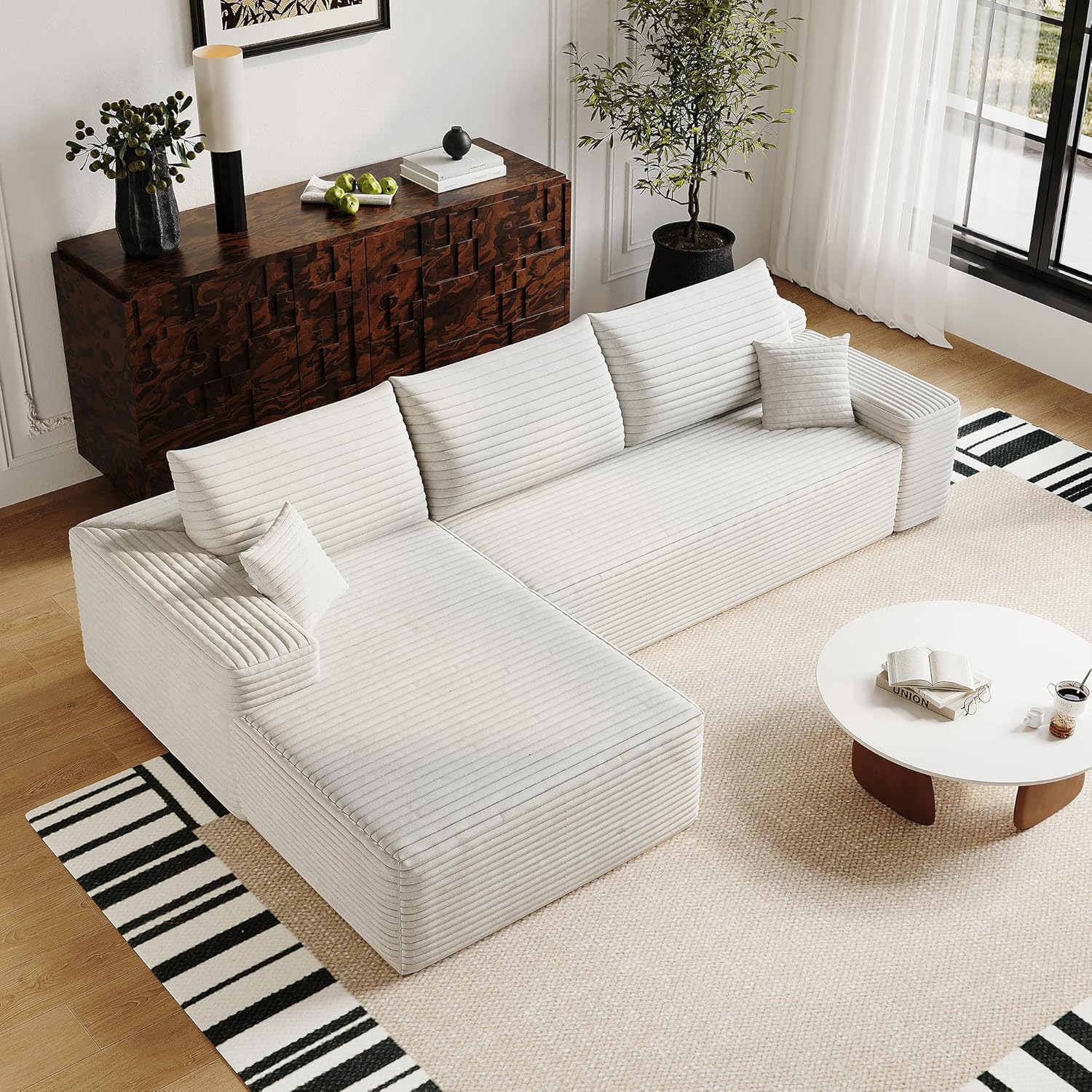 135 Oversized Compressed Sectional Sofa - 33D High-Density Foam Cloud Couch with Deep Seat - Minimalist 3-Piece Corduroy Upholstered Boneless Modular Lounge Couch | Breathable material, Full Foam, Anti-slip