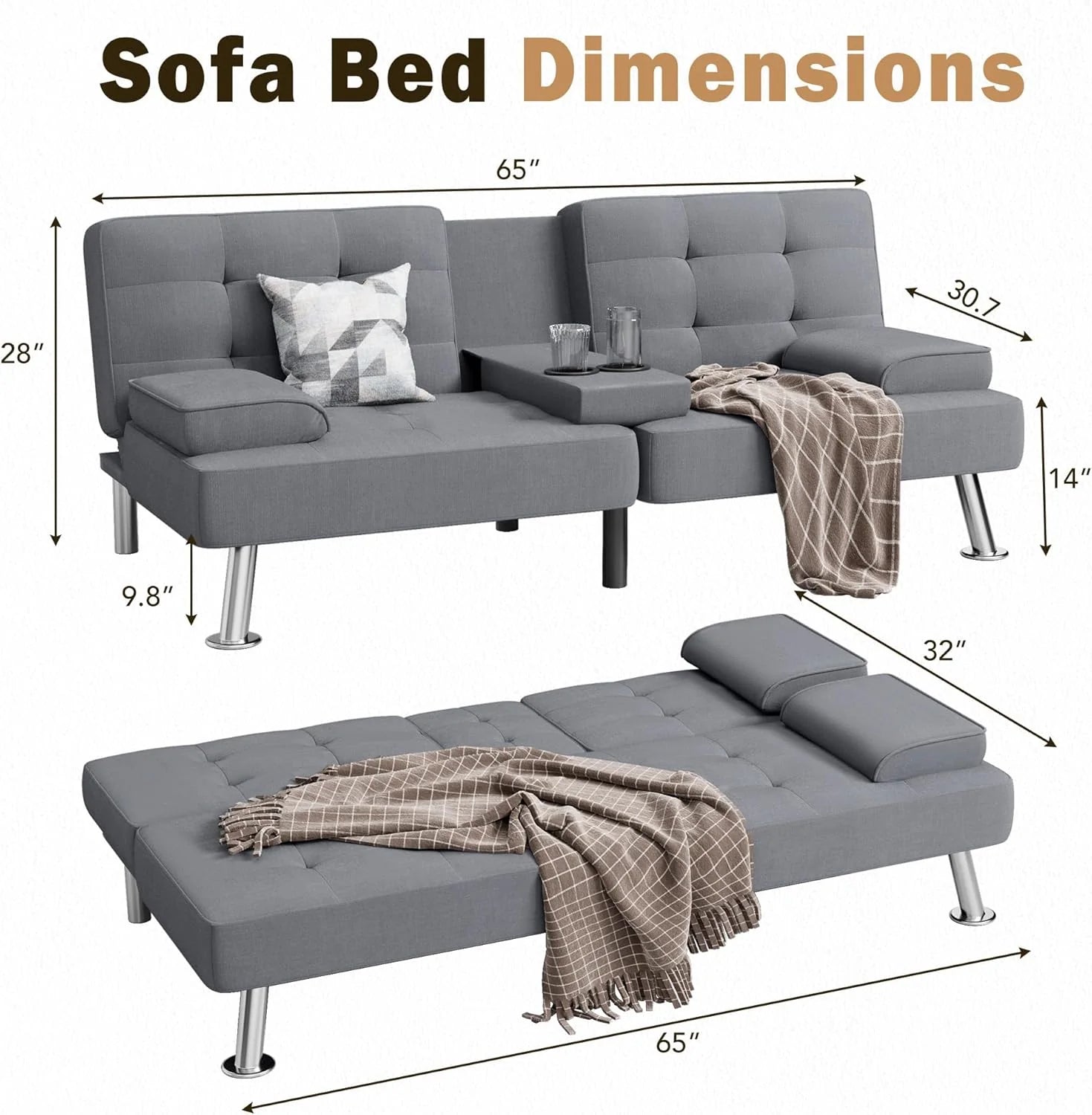 Shahoo Modern Linen Upholstered Convertible Folding Futon Sofa Bed with Removable Armrests