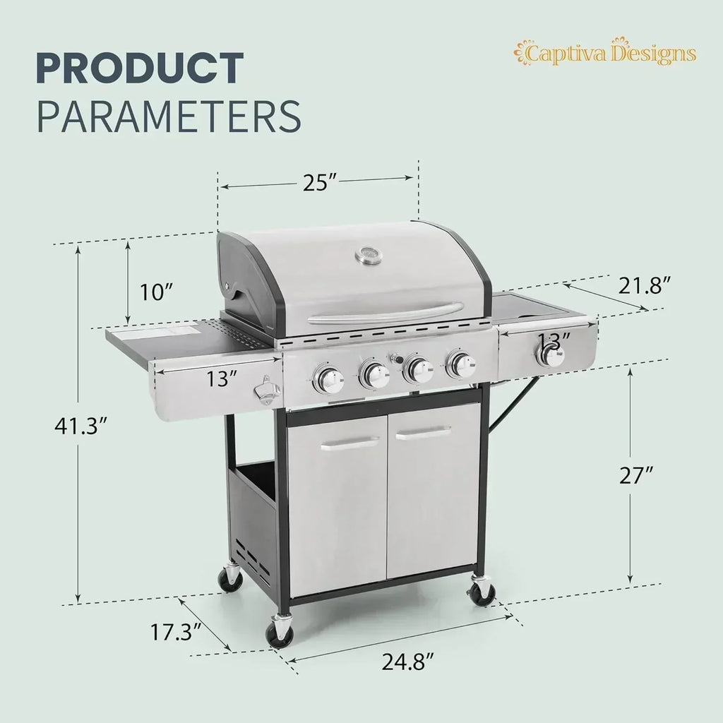 Captiva Designs 4-Burner Propane Gas BBQ Grill Side Burner Porcelain-Enameled Cast Iron Grates