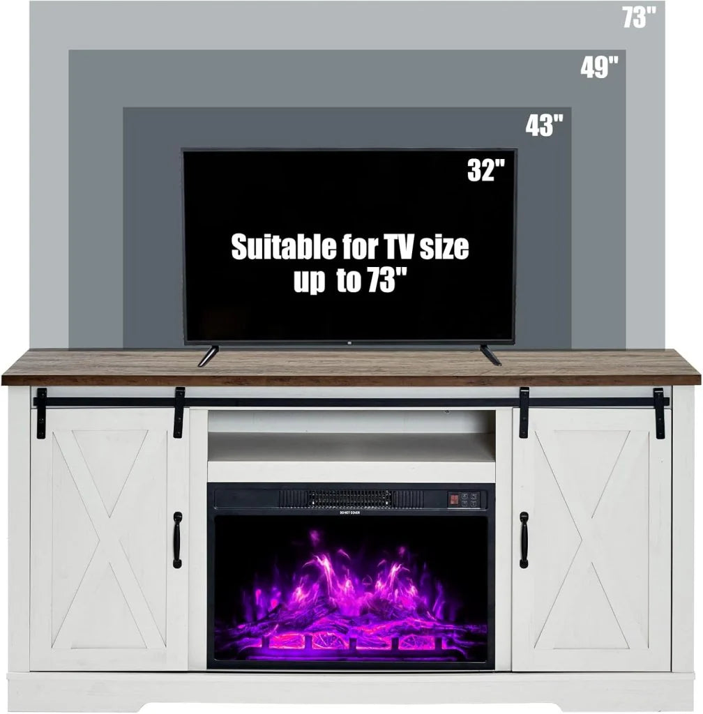 AMERLIFE Fireplace TV Stand with Sliding Barn Door for TVs up to 73, Farmhouse 63 Fireplace Entertainment Center with Storage Cabinets/Adjustable Shelves