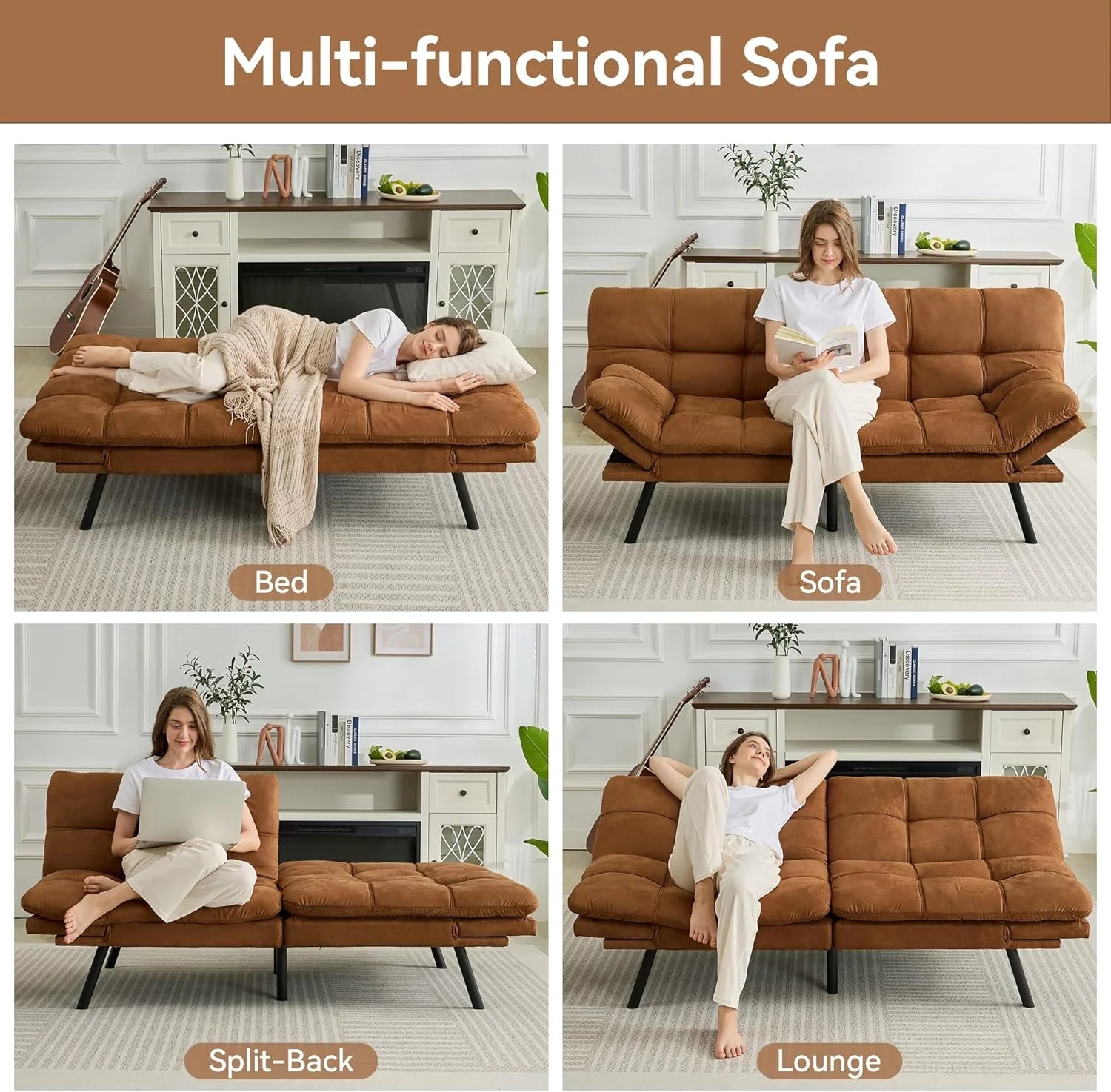 Amazon Basics Brown Loveseat,Convertible Couch Memory Foam Futon Sofa Bed Modern Sleeper Sofa for Small Compact Living Room,Office,Apartment, Linen Fabric