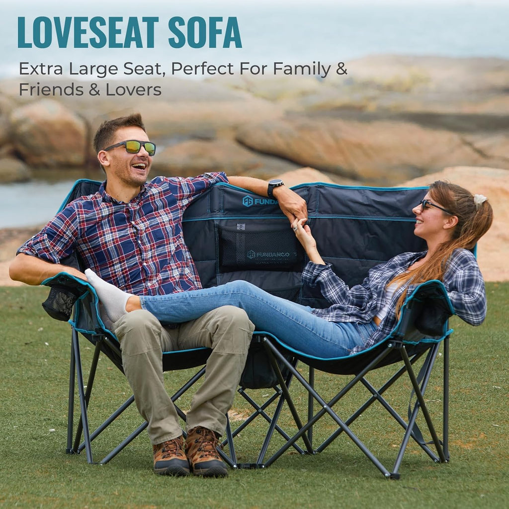 Double Camping Chair Cooler 3-Person Folding Extra Large Camping Chair 1000-Pound Capacity