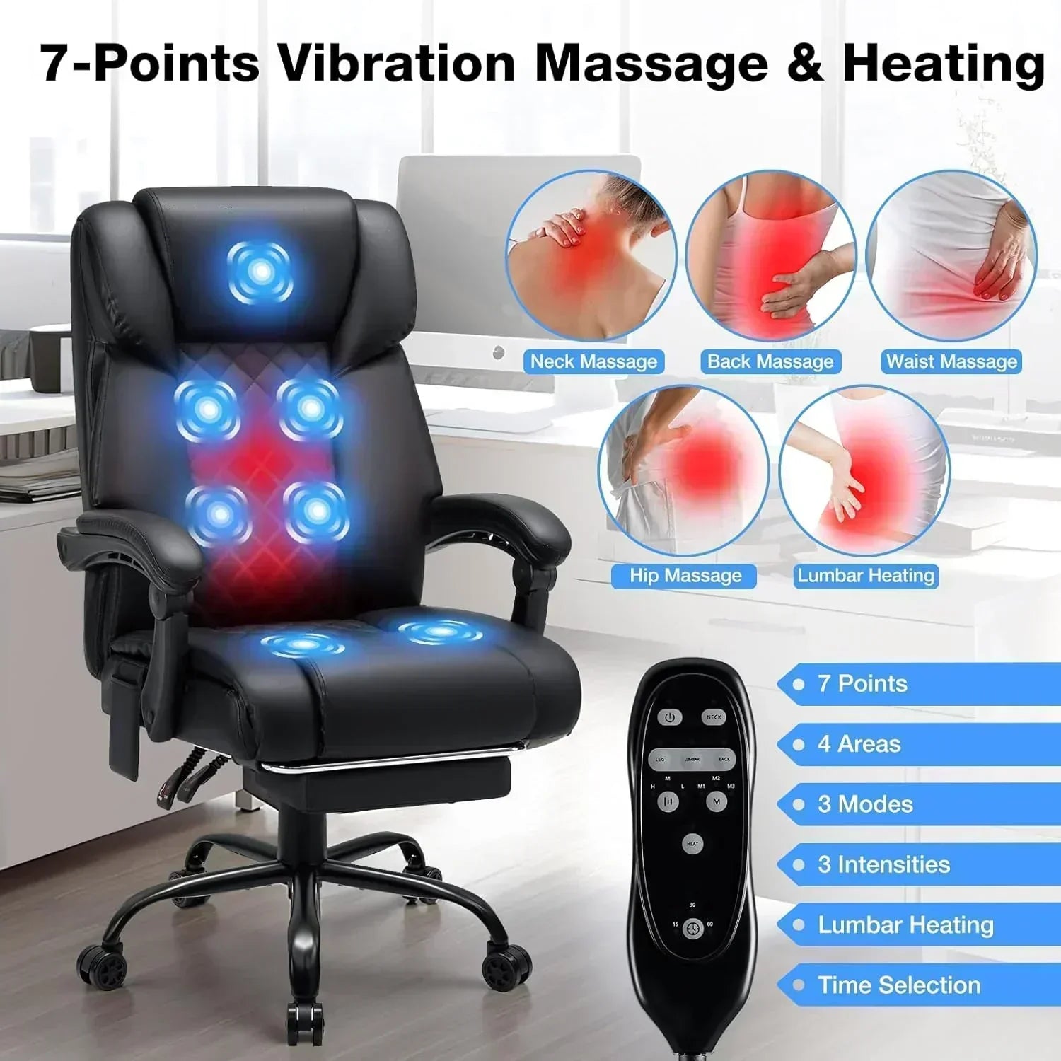 Massage office chair with heating function Reclining high back home office desk chair