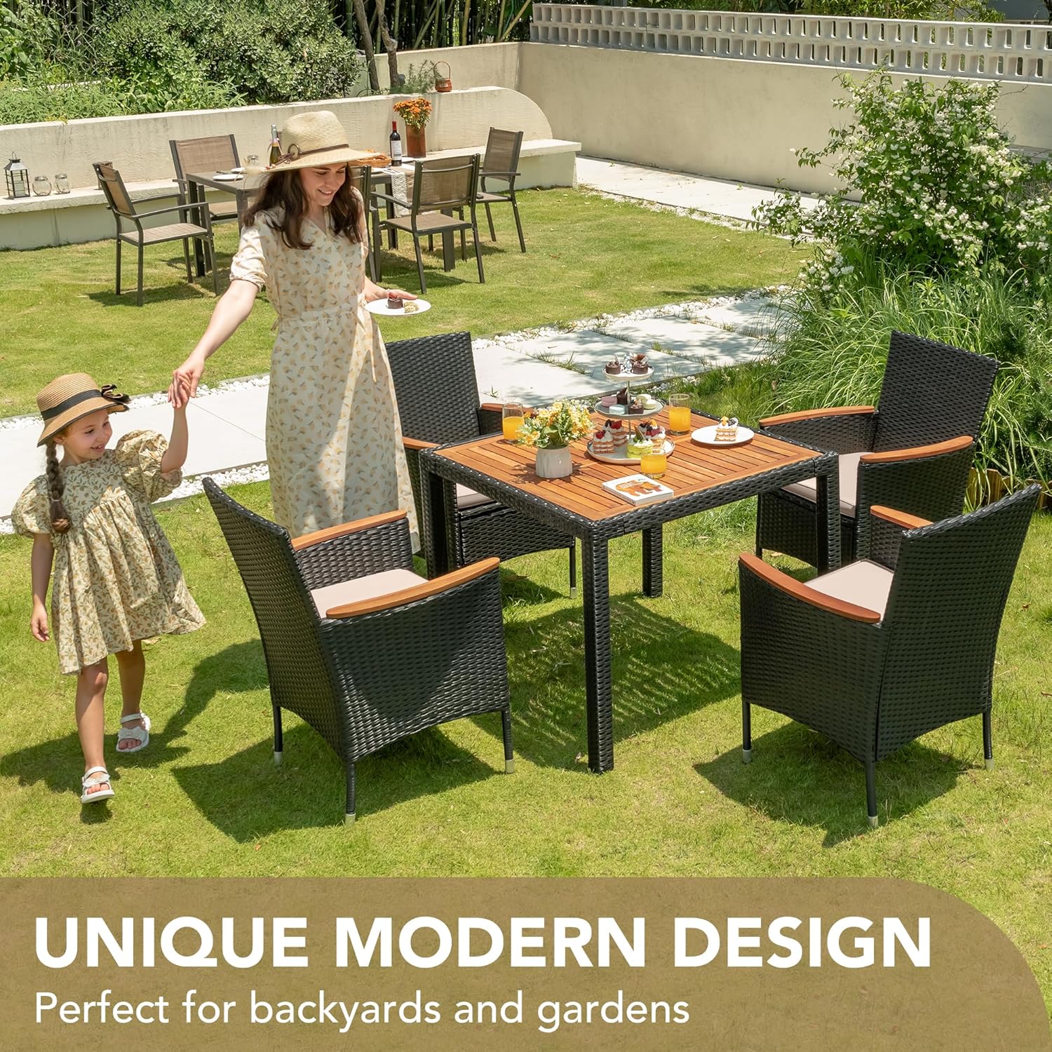 Devoko Dining 7 PCS Furniture Patio Conversation Set with Acacia Wood Table Top Rattan Outdoor