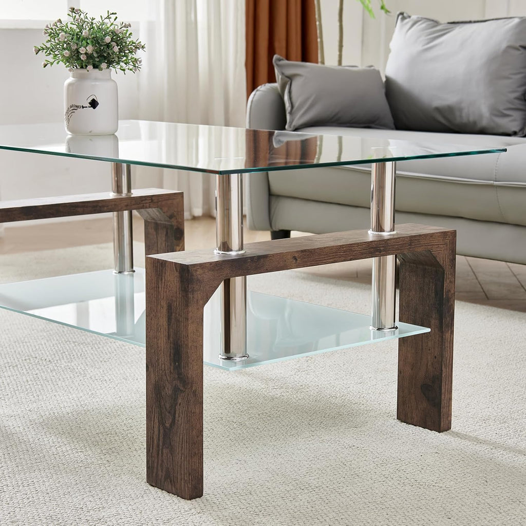 Living Room Rectangle Coffee Table, Tea Table Suitable for Waiting Room, Modern Side Coffee Table with Wooden Leg, Glass Tabletop