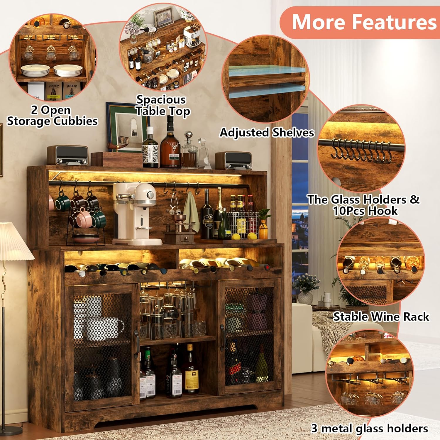 Wine Bar Cabinet with LED Light Liquor Cabinet with Glass Holder Coffee Bar for Liquor