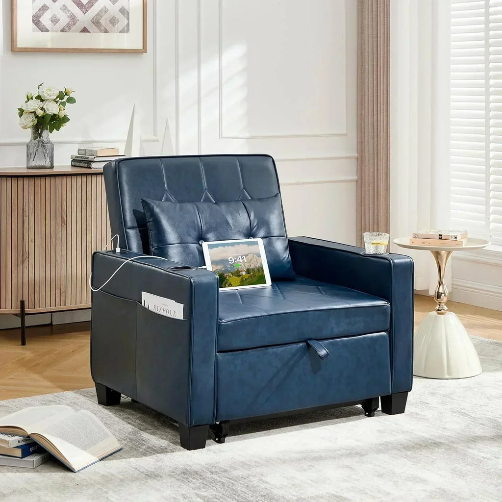 Adult Convertible Sleeper Chair Bed 3-in-1 Pull-Out Sofa Bed with USB/Type-C Ports Cup Holders