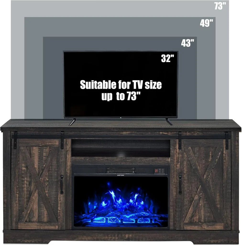 AMERLIFE Fireplace TV Stand with Sliding Barn Door for TVs up to 73, Farmhouse 63 Fireplace Entertainment Center with Storage Cabinets/Adjustable Shelves