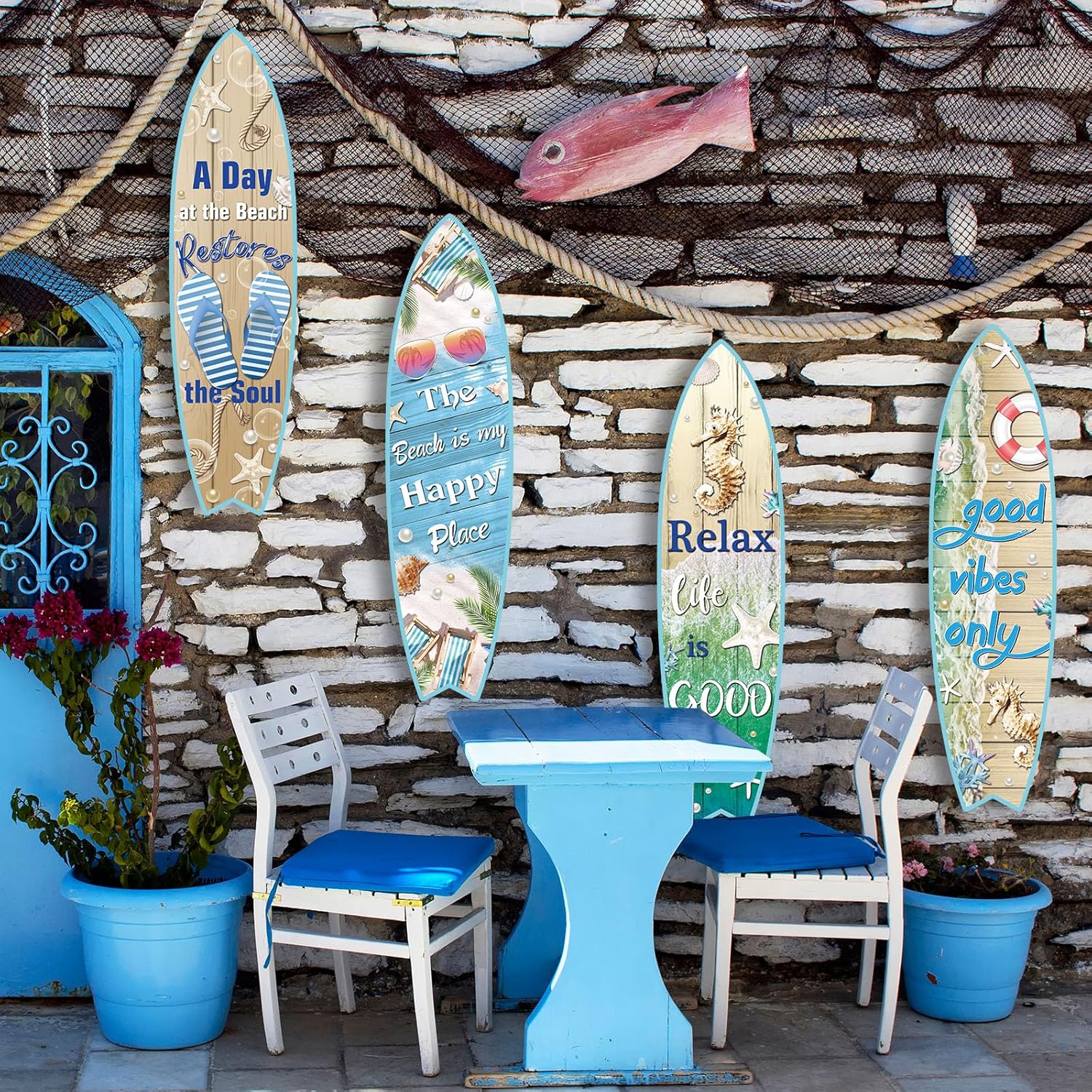 Blulu 4 Pcs Surfboard Wall Decor Surfboard Wall Hanging Sign Wooden Beach Decoration Summer Theme Decor Hawaiian Luau Party Decoration for Home Bar Aloha Tropical Birthday Party(Tiki)