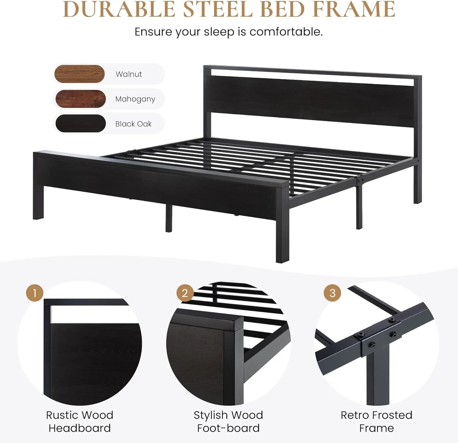 SHA CERLIN 14 Inch Queen Size Metal Platform Bed Frame with Wooden Headboard and Footboard