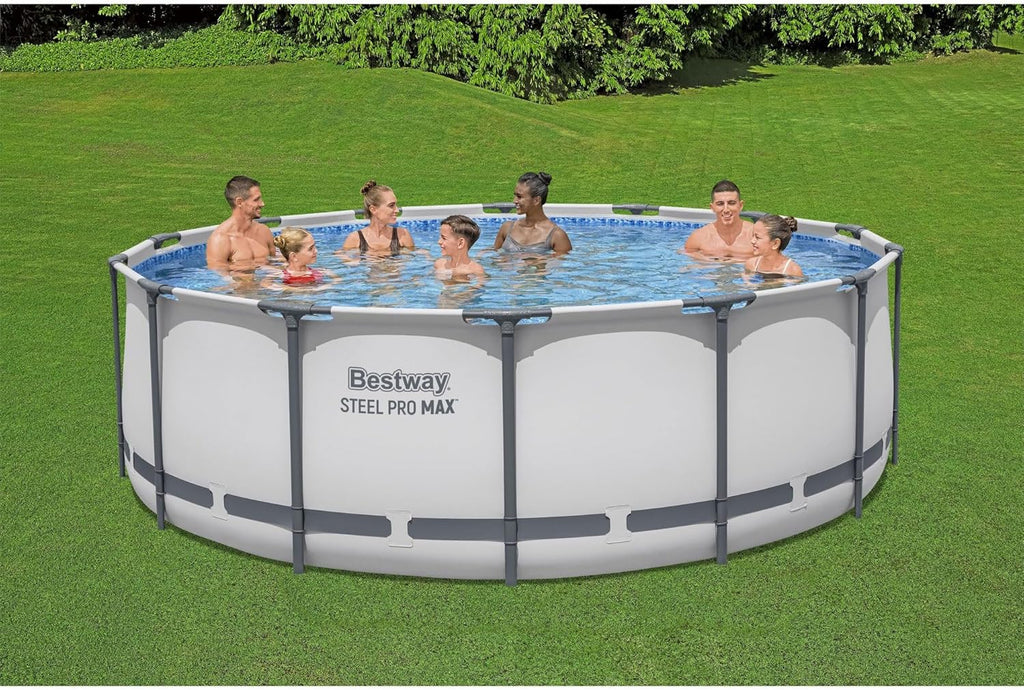 Steel Pro MAX 14 Foot x 48 Inch Round Metal Frame Above Ground Outdoor Swimming Pool Set with 1,000 Filter Pump, Ladder, and Cover, Gray