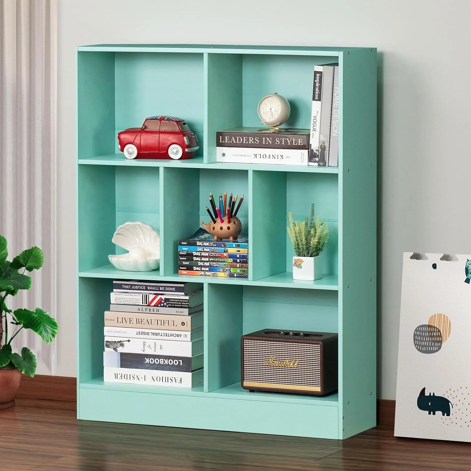 LEYAOYAO Wooden 7 Cube Book Shelf Natural Bookshelf Legs Modern Open Storage Organizer