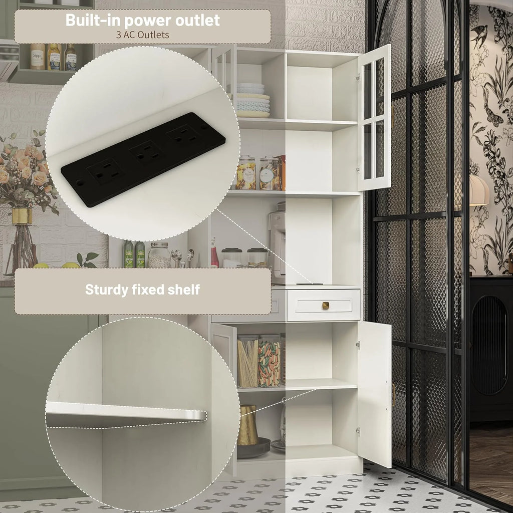 Kitchen Hutch Pantry Cabinet 71 Tall with Glass Doors
