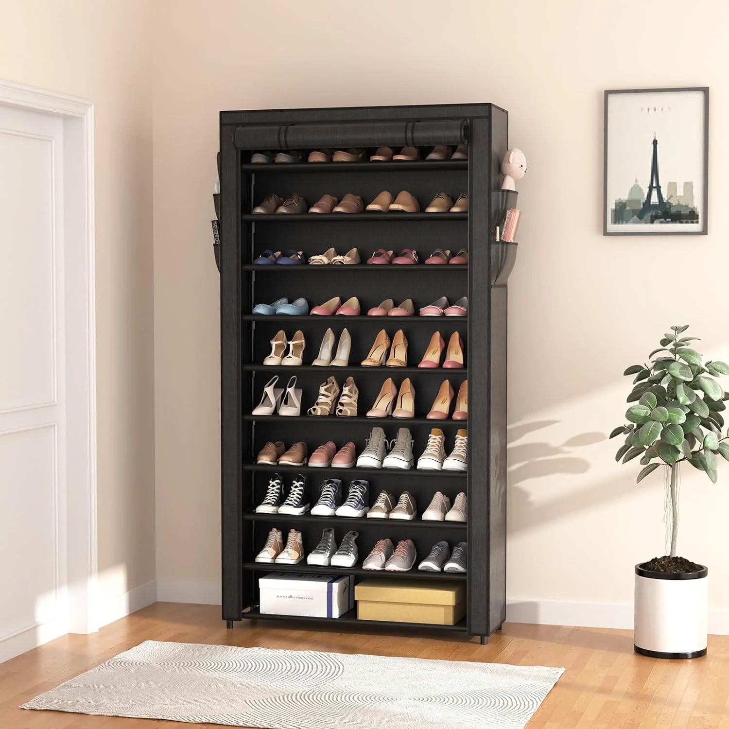 ROJASOP 10 Tier Shoe Rack with Covers Large Capacity Stackable Tall Shoe Shelf Storage