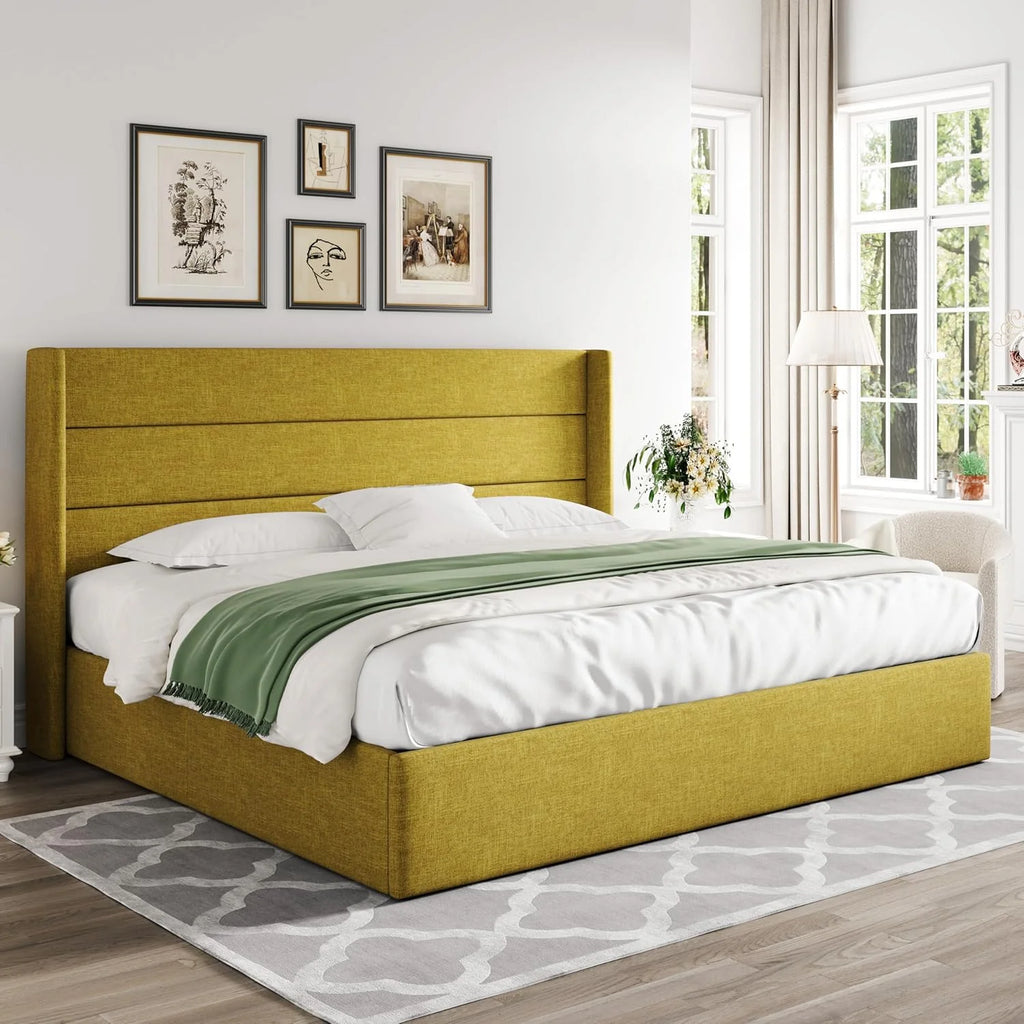 Allewie Queen Size Lift Up Storage Bed Modern Wingback Headboard Hydraulic Support