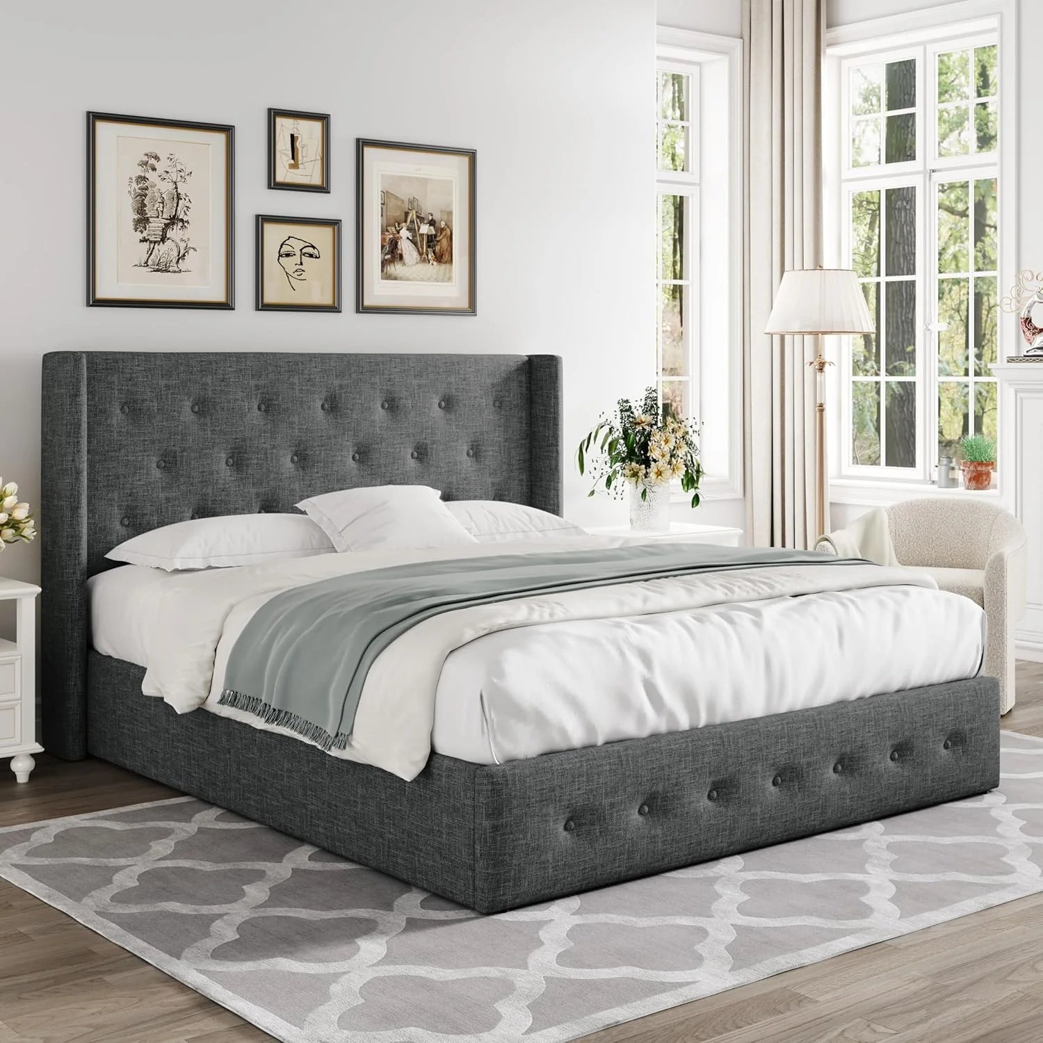 Allewie Queen Size Lift Up Storage Bed Modern Wingback Headboard Hydraulic Support