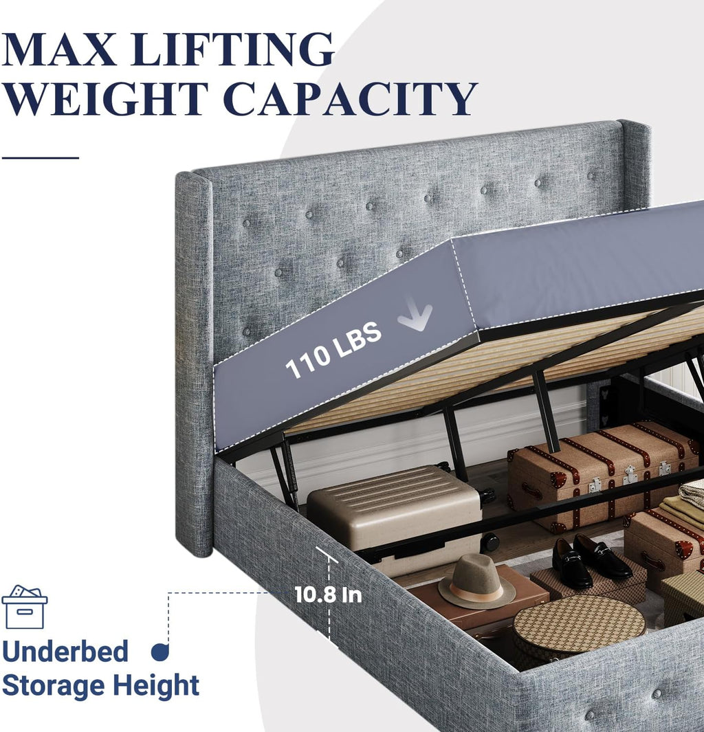 Allewie Queen Size Lift Up Storage Bed Modern Wingback Headboard Hydraulic Support