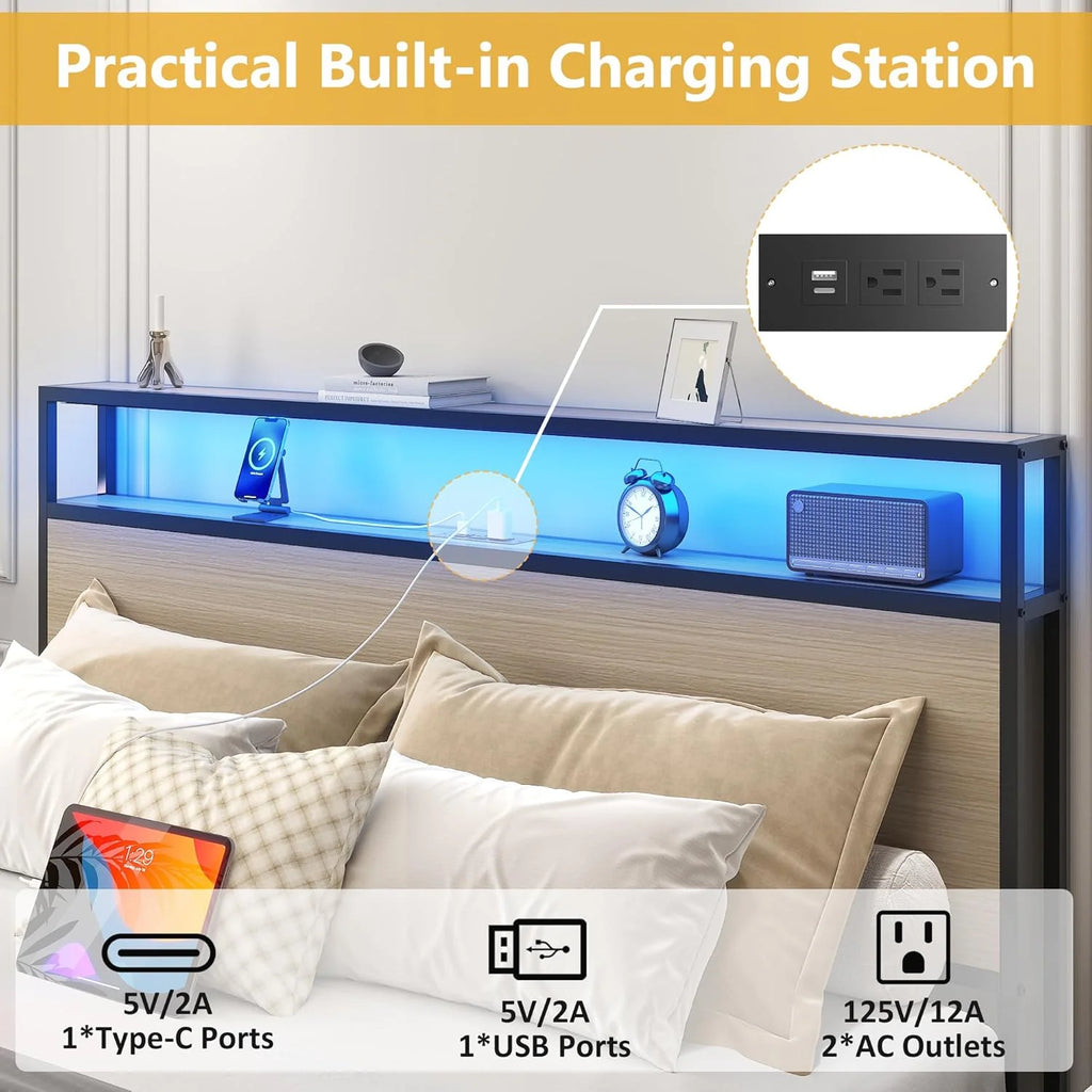Lifezone Queen Bed Frame with 2-Tier Storage Headboard, Metal Platform Bed Frame with 4 Storage Drawers, Built in Charging Station & LED, Noise-Free/Metal Support/No Box Spring Needed