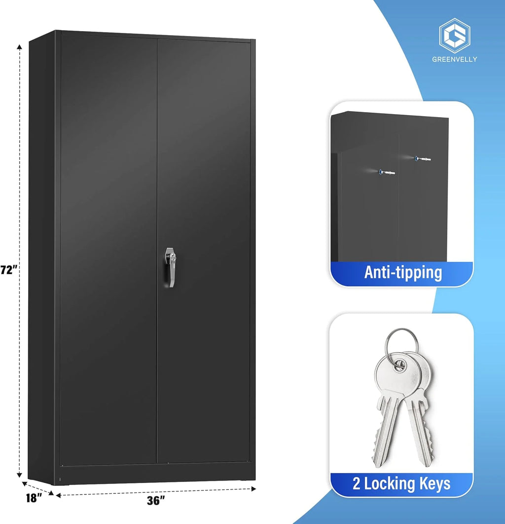Greenvelly Metal Storage Cabinet, 72 Black Locking Metal Cabinet with 2 Doors and 4 Adjustable Shelves, Lockable Garage Storage Cabinets for Home Office, Garage, Kitchen, Living Room