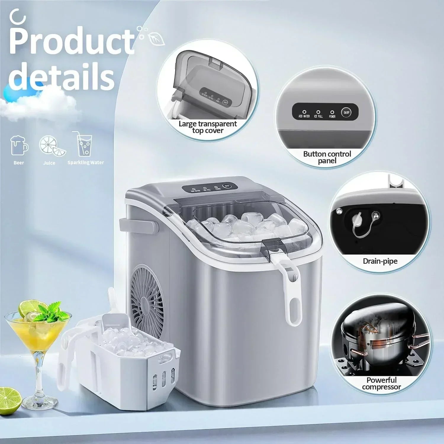 Nugget Ice Makers Countertop Pebble Ice Machine with Chewable Pellet Ice Self-Cleaning
