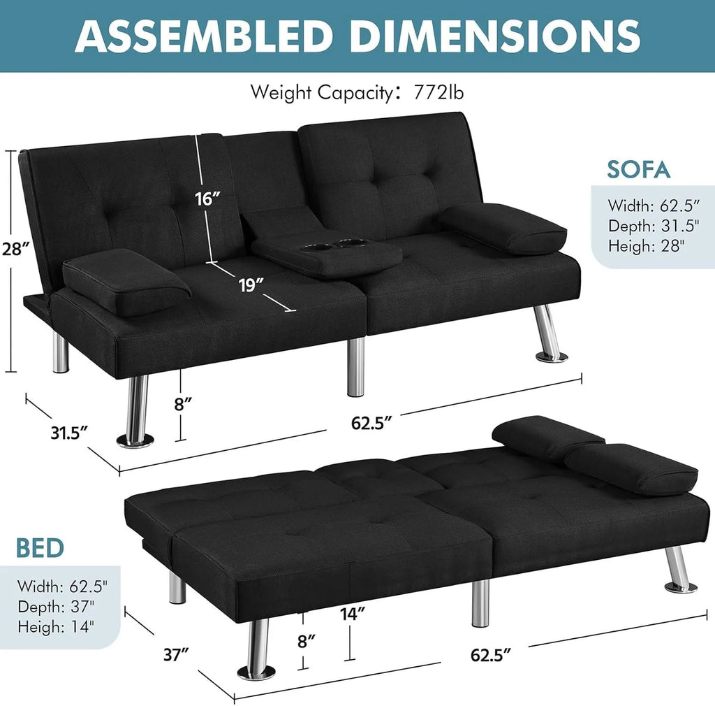 Yaheetech Convertible Sofa Bed Adjustable Couch Sleeper Modern Faux Leather Home Recliner Reversible Loveseat Folding Daybed Guest Bed, Removable Armrests, Cup Holders, 3 Angles, 772lb Capacity, Brown