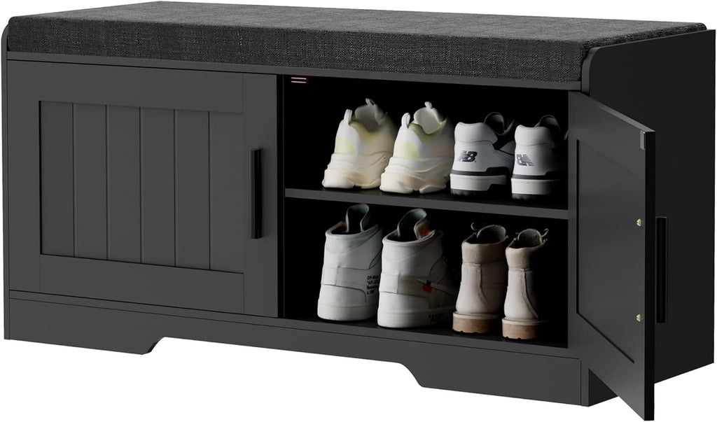 2-Tier Storage Bench, Shoe Bench with Thickened Padded Seat Cushion, Entryway Bench with 4 Doors, Adjustable Shelf, 13.8 D x 45.3 W x 18.5 H, for Entryway, Living Room, Bedroom, White