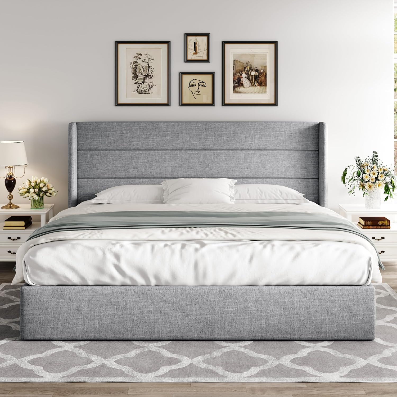 Allewie Queen Size Lift Up Storage Bed Modern Wingback Headboard Hydraulic Support