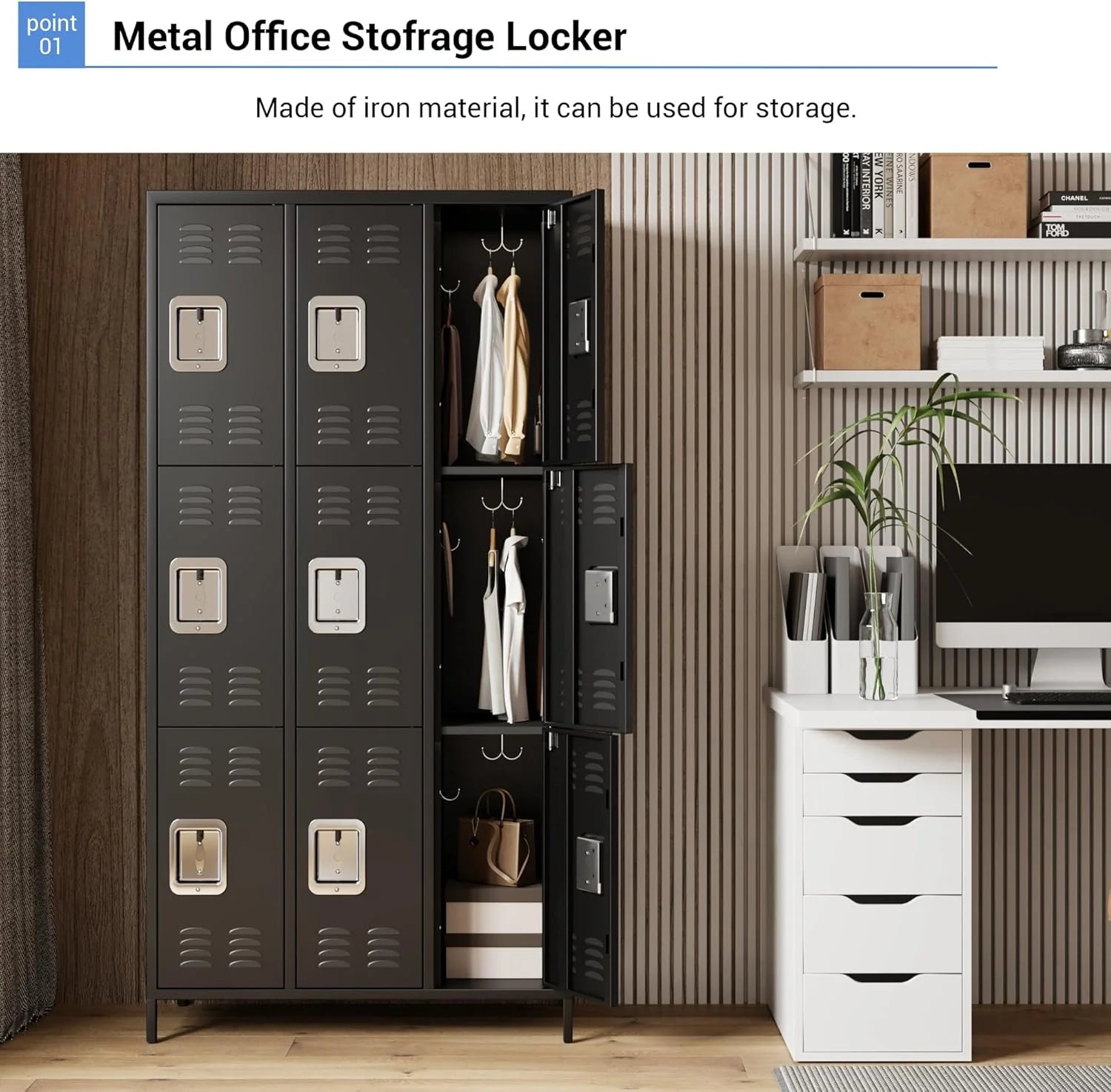 GAOMON Locker for Employees, 6 Doors Locker Cabinet with Hooks, Storage Locker for Home, Office, Gym, School, Assembly Required, Black
