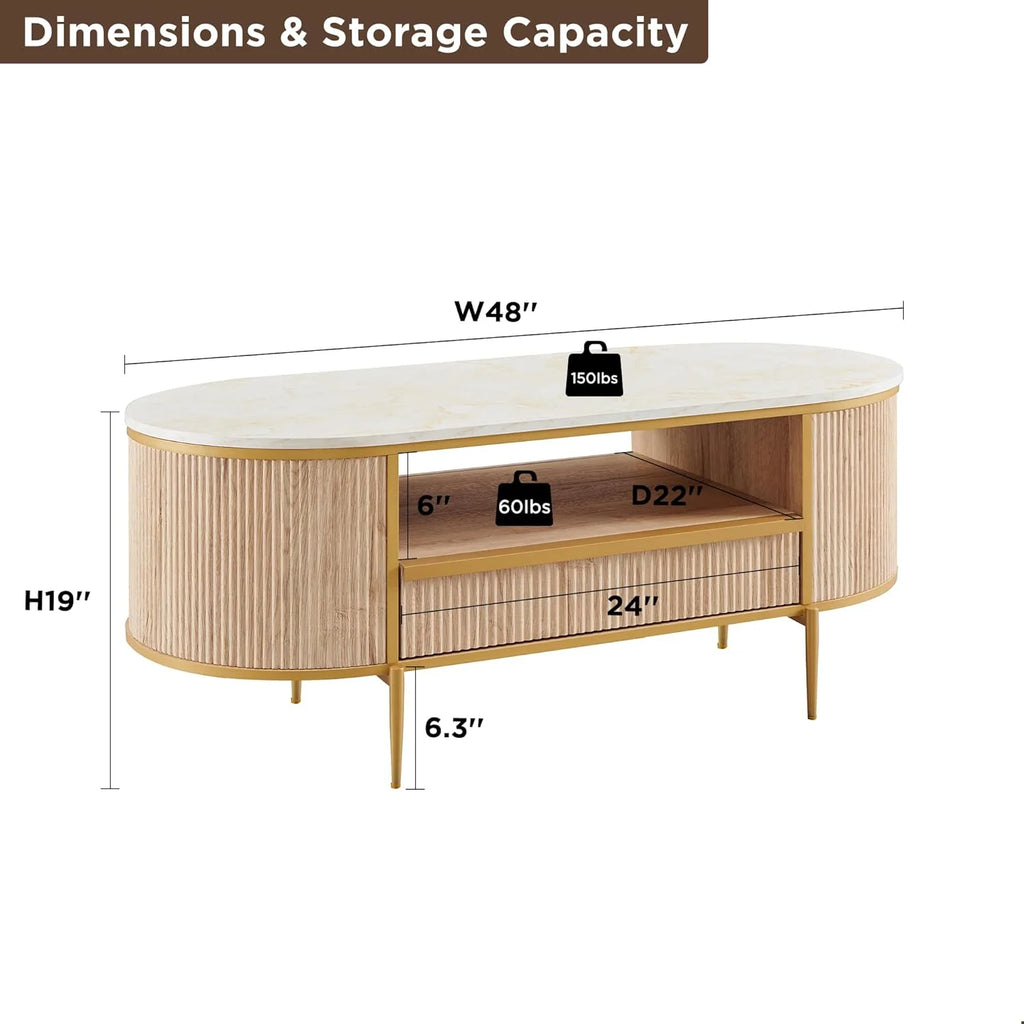 OKD Modern Luxury Grooved Coffee Table, 48 Inch Oval Coffee Table with Drawers, Imitation Marble Top, Curved Contour Design, Gold Metal Trim, Living Room Center Table