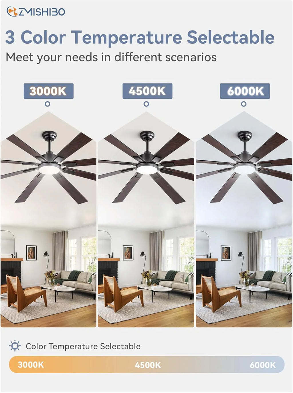 ZMISHIBO 72 inch Large Ceiling Fans with Lights and Remote, Indoor/Outdoor Black Modern Ceiling Fan for Kitchen Living Room Patio, 6 Speed Reversible Quiet DC Motor, 3 CCT, Dual Finish 8 Blades