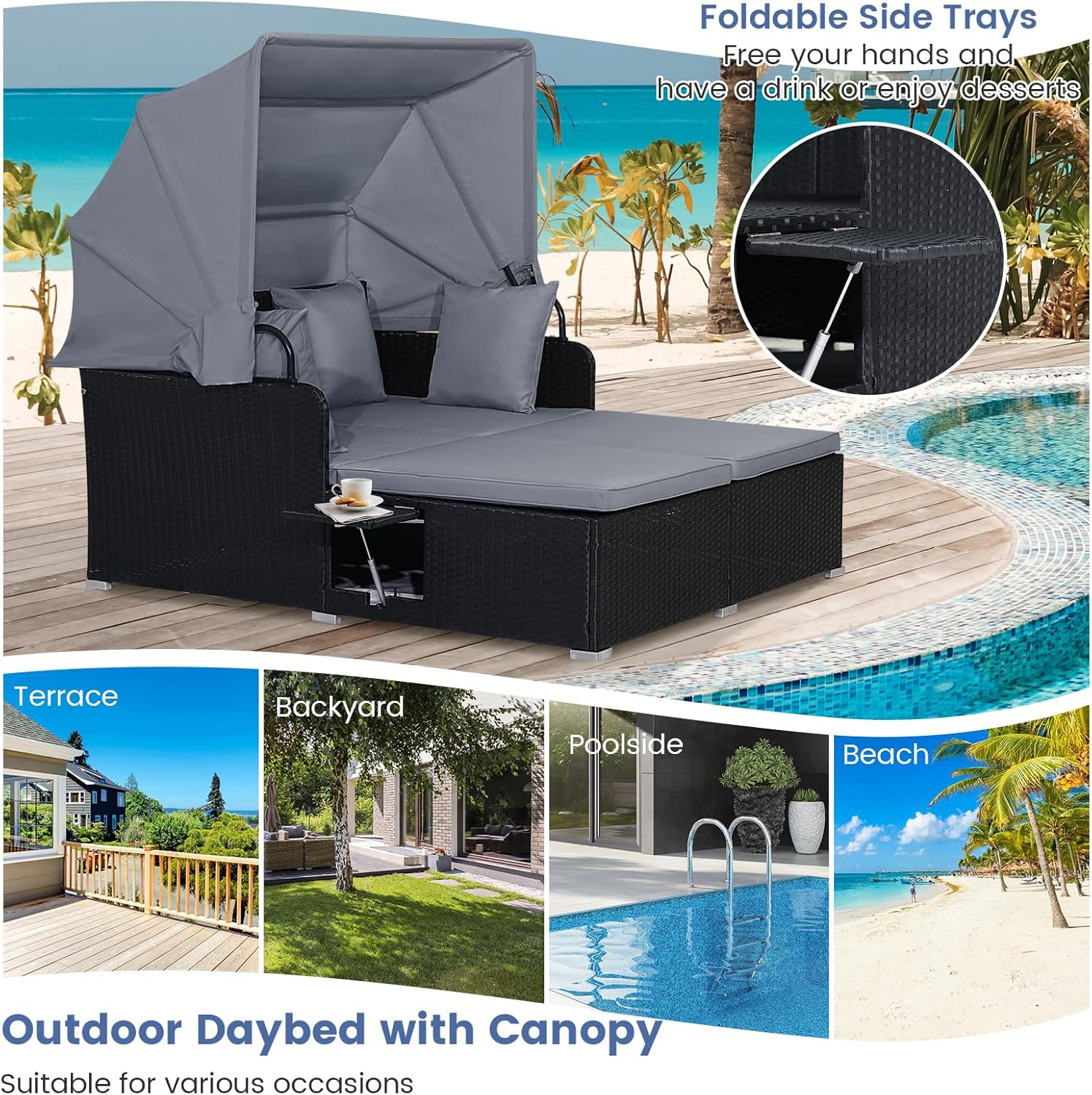 RELAX4LIFE Patio Outdoor Daybed with Canopy Wicker Sunbed Cushions 4 Pillows
