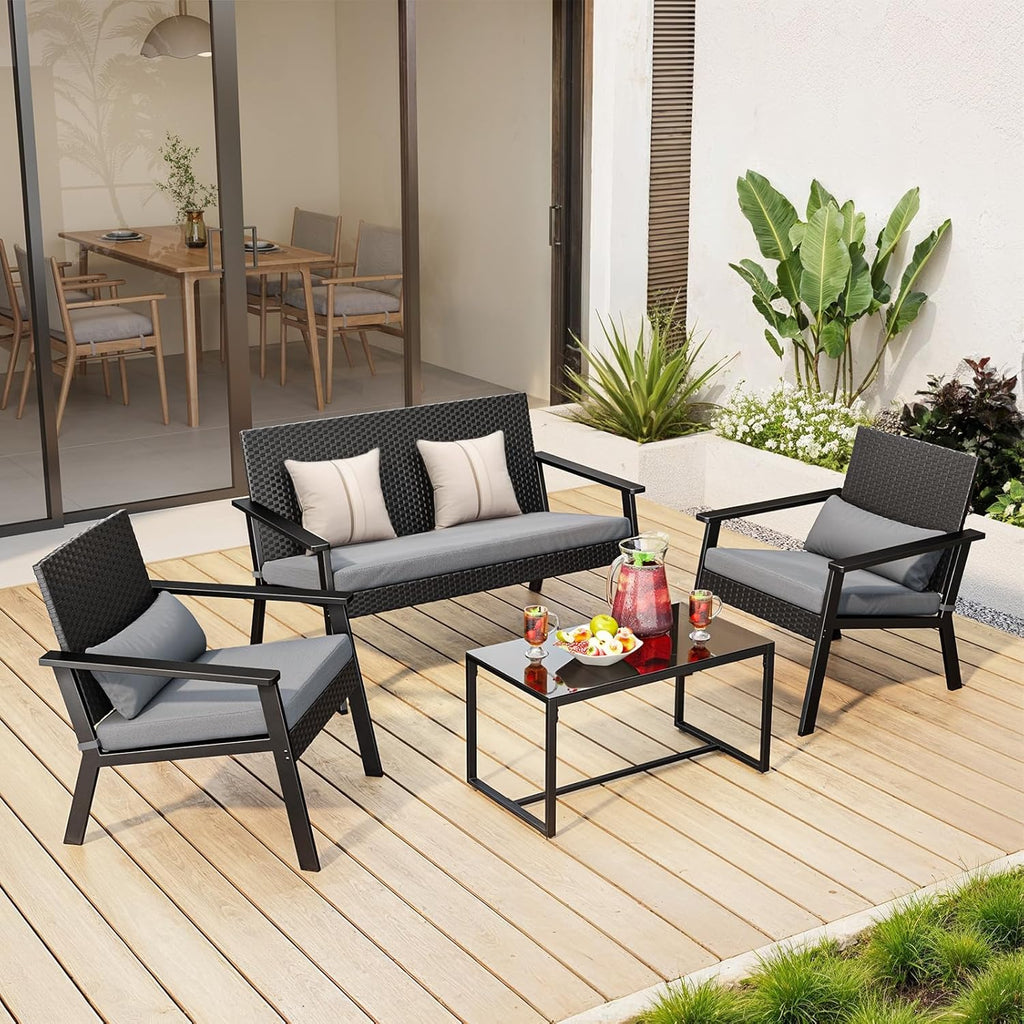 Ahomly 4-Piece Outdoor Wicker Patio Furniture Set with Deep Seating Cushions and Table for Balcony, Backyard, and Porch (Gray)