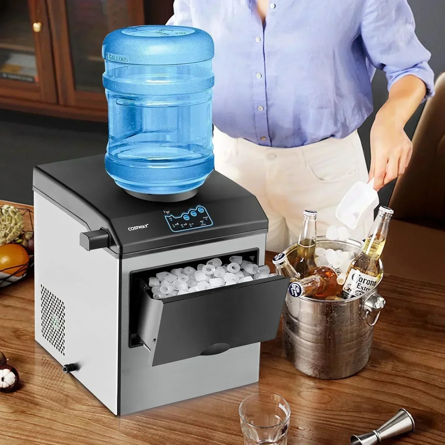 COSTWAY Countertop Ice Maker with Water Dispenser 3 Sizes Bullet Shaped Ice 48lbs/Day