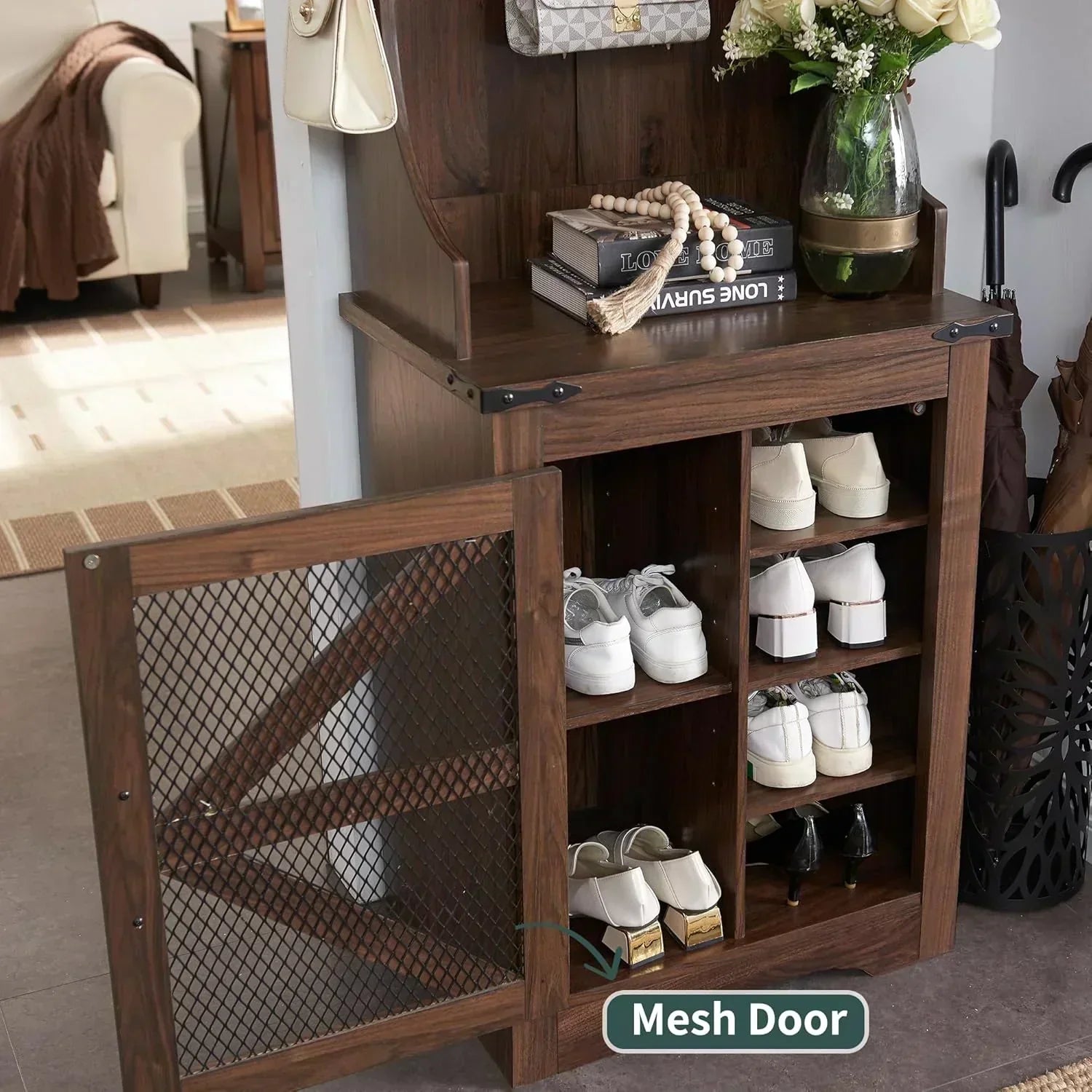 JXQTLINGMU 59-inch Farmhouse Foyer Tree Shoe Storage Entryway Bench Foyer Coat Rack Cabinet