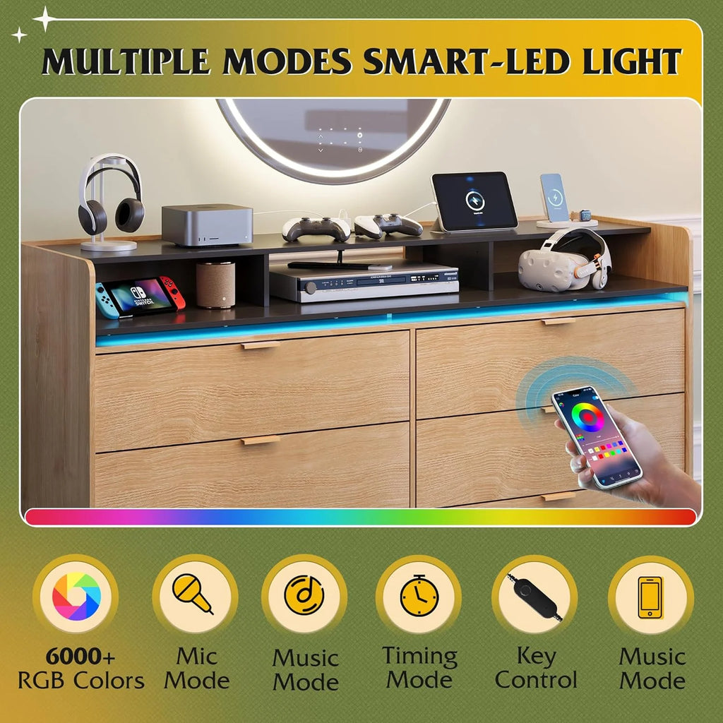 9 Drawer Led Dresser for Bedroom, 58.35'' Wide Wood Dresser Storage Organizer with Power Outlets for 65'' TV, Dressers with Open Shelves