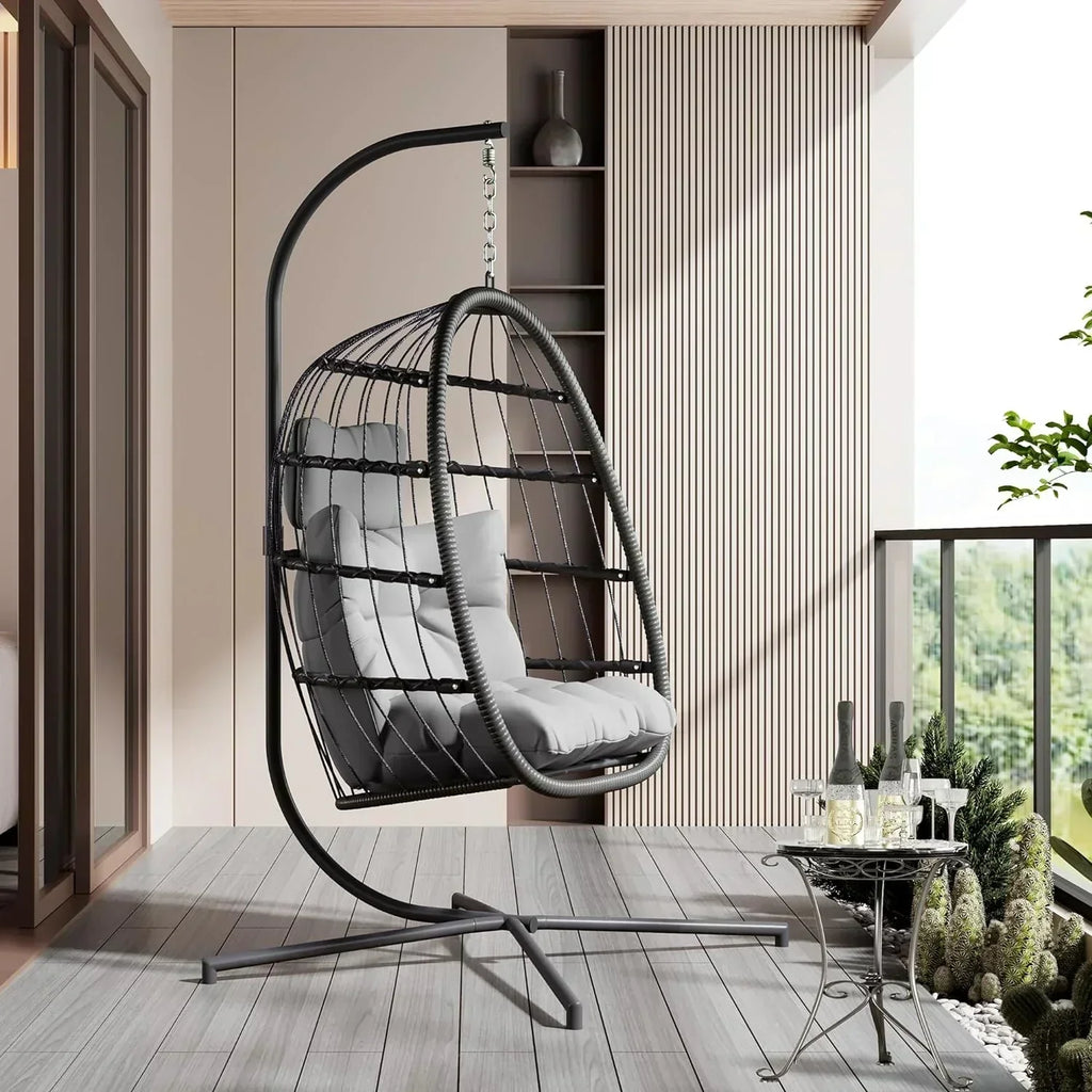 HWB Hanging Egg Chair with Stand Patio Wicker Hammock Egg Swing Chair Cushion for Bedroom