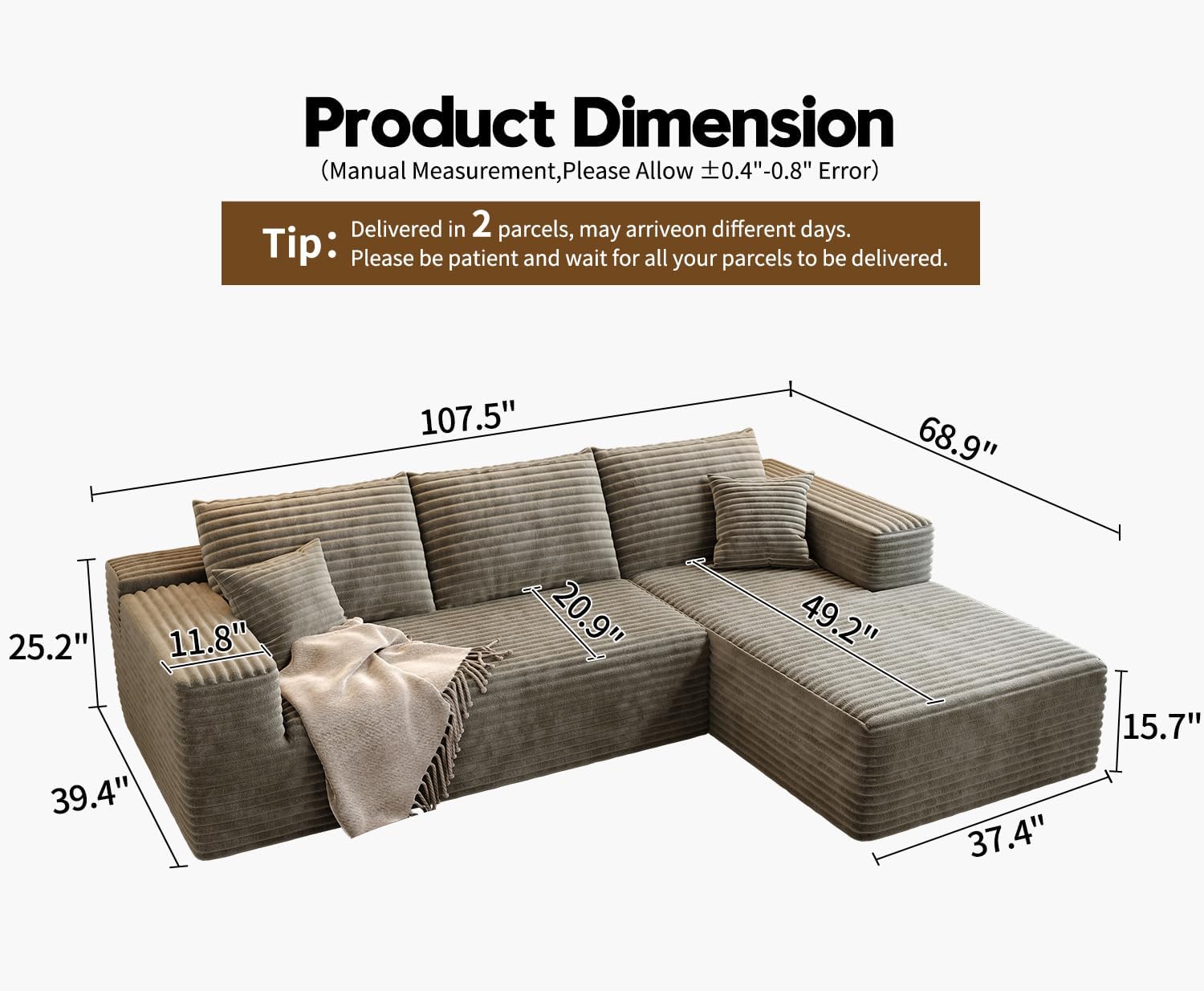 107.5 Cloud Modular Sectional Sofa Couch with L-Shape Chaise,Modern Minimalist Upholstered Couches