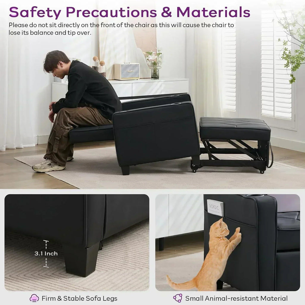 Adult Convertible Sleeper Chair Bed 3-in-1 Pull-Out Sofa Bed with USB/Type-C Ports Cup Holders