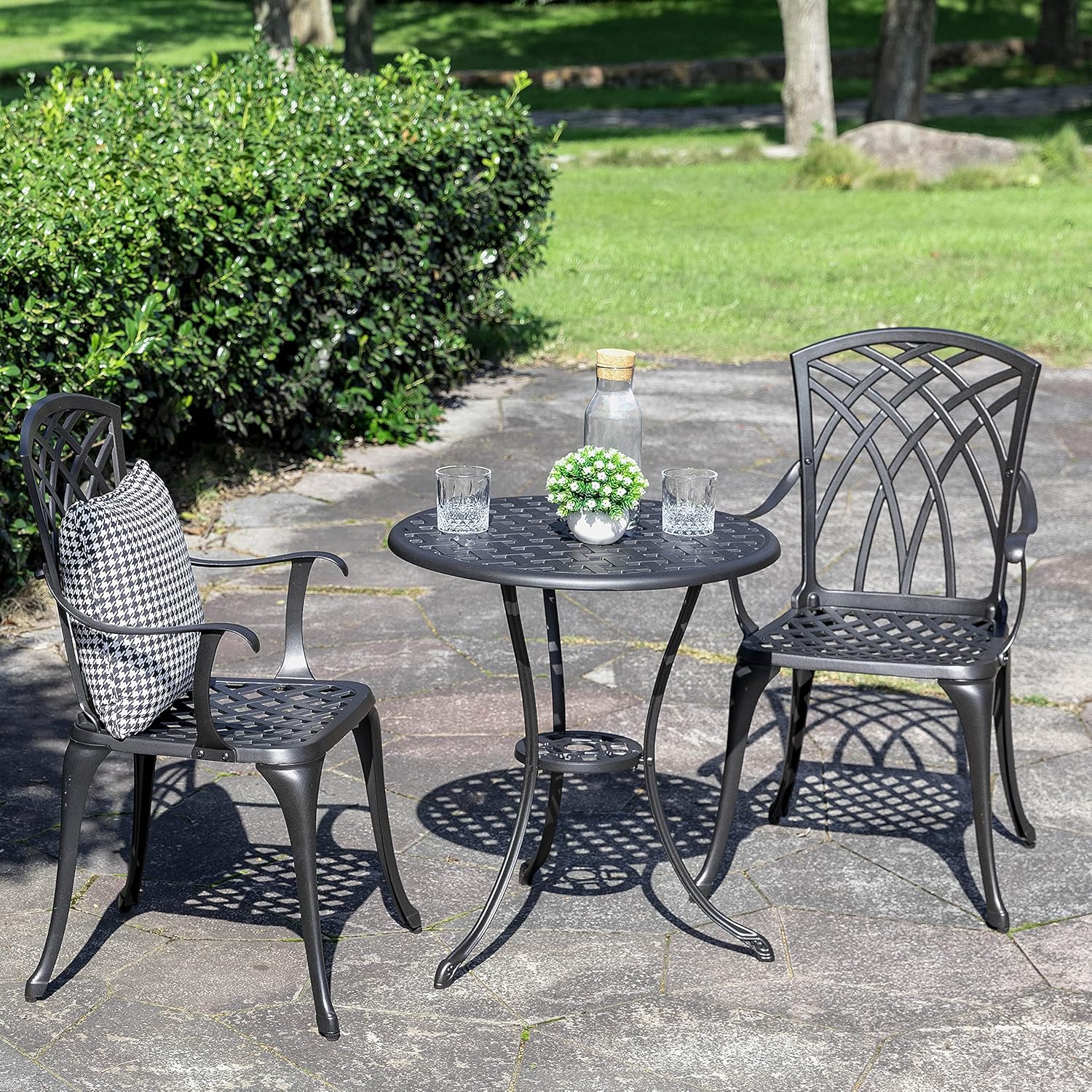 NUU GARDEN Bistro Set 3 Piece Outdoor Cast Aluminum Patio Bistro Set Patio Table and Chairs Set of 2 with Umbrella Hole and Gray Cushions, Black