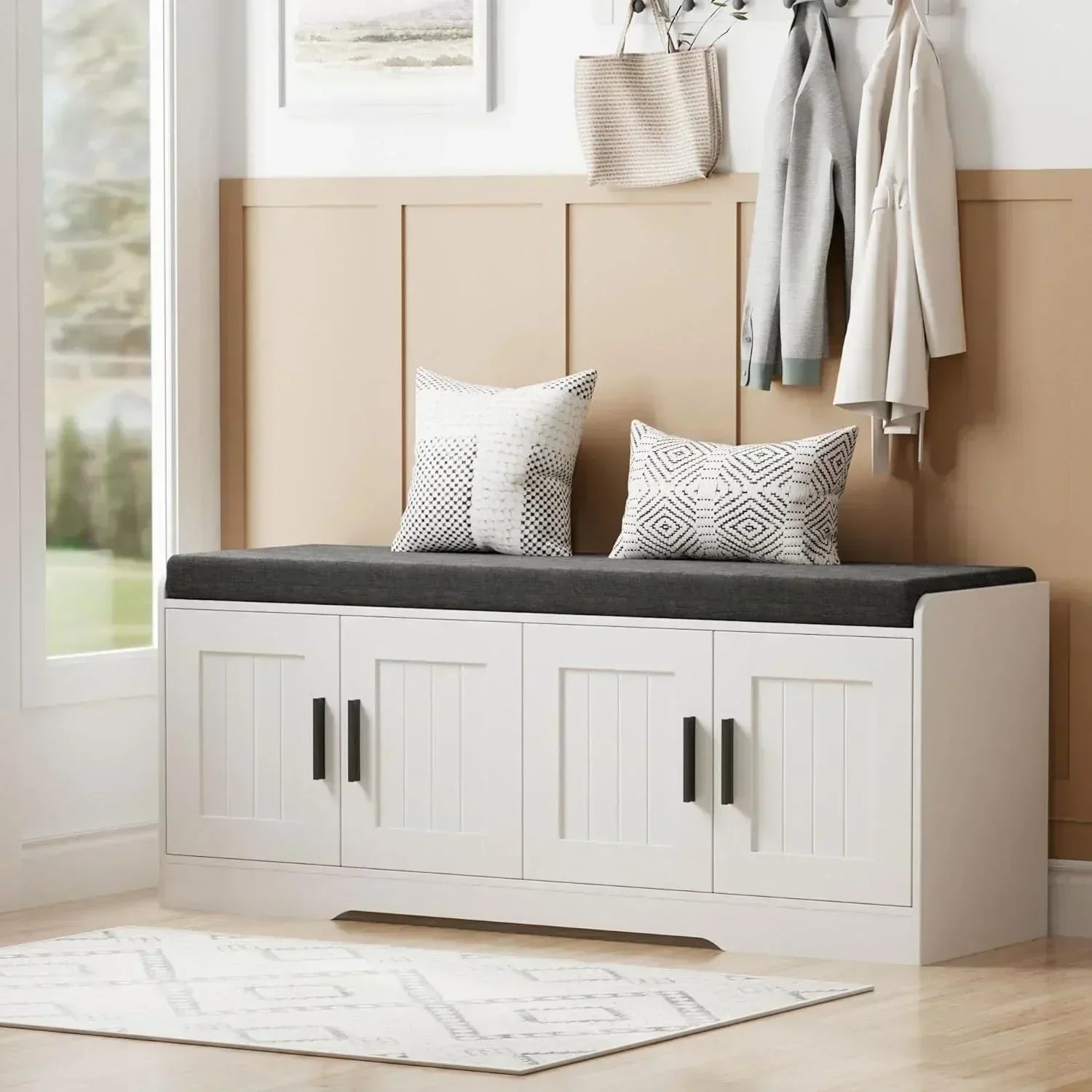2-Tier Storage Bench Shoe Bench with Thickened Padded Seat Cushion Entryway Bench